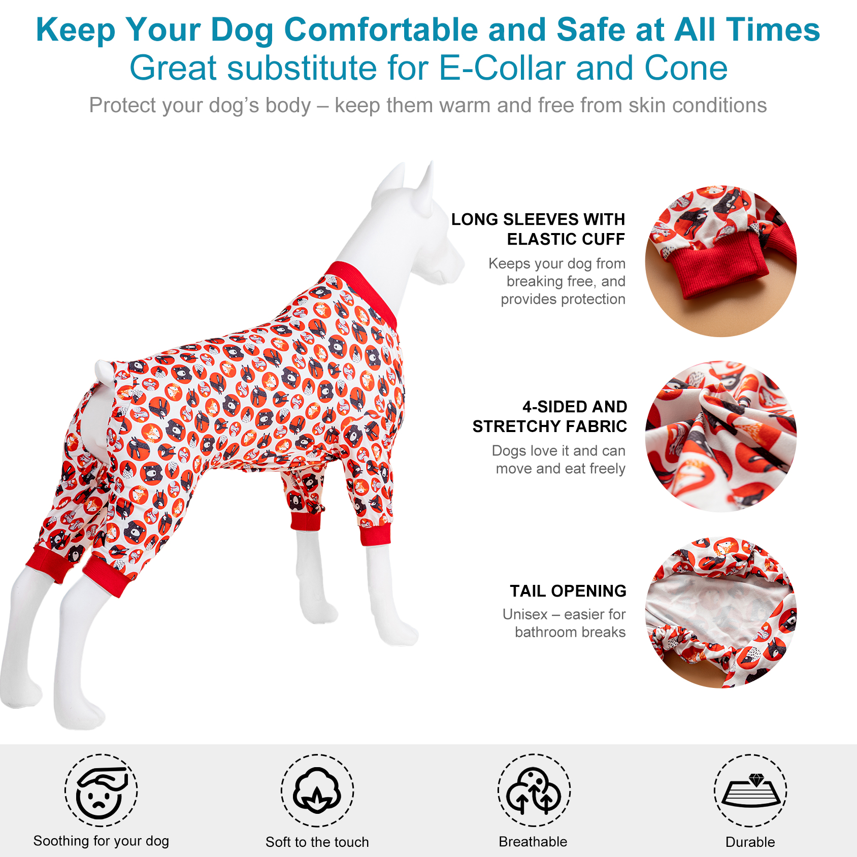 LovinPet Large Dog Pajama - Playful Dog Face Print in Red & White