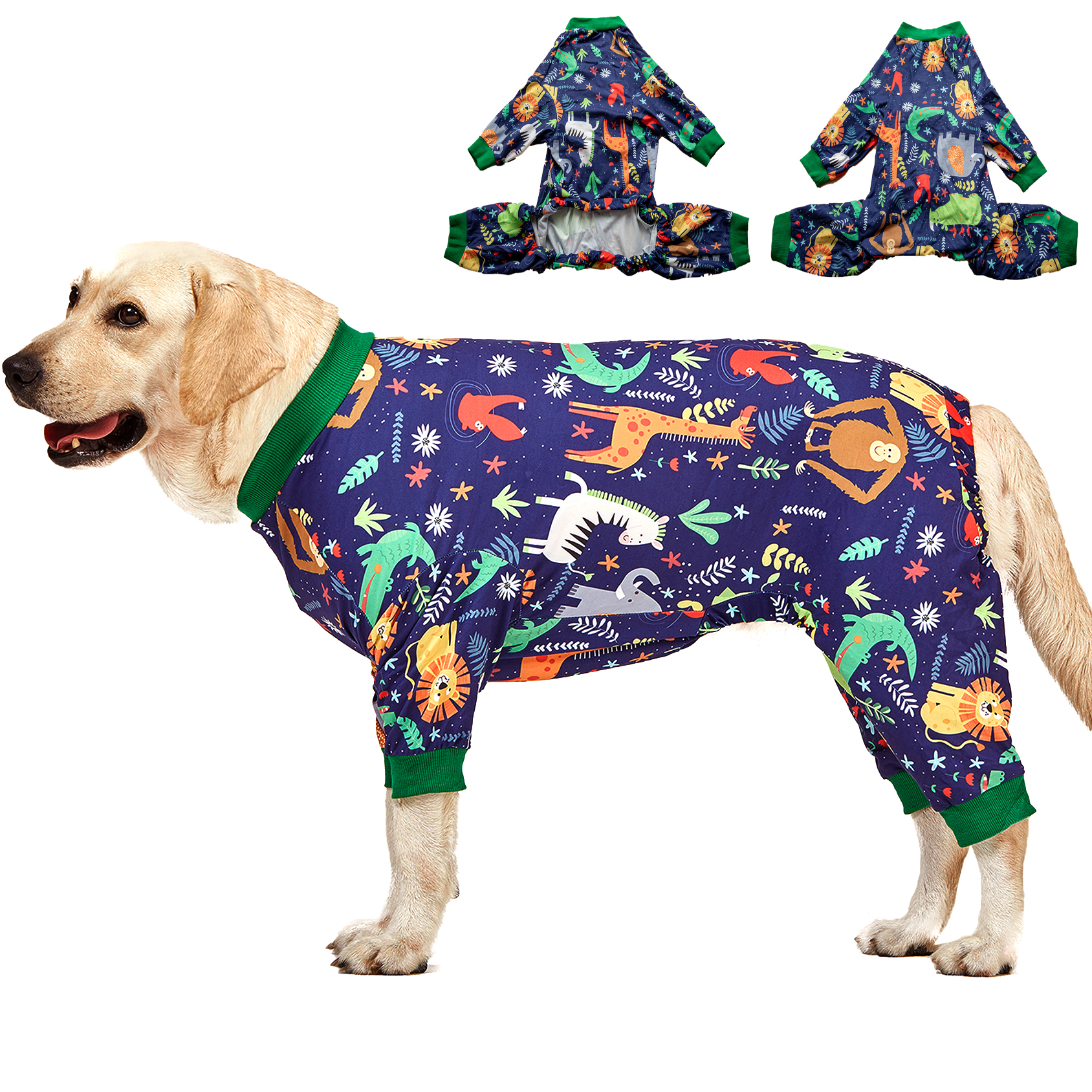 LovinPet Large Dog Pajama - Jungle Safari Animal Design Full-Body Pajamas with Green Accents