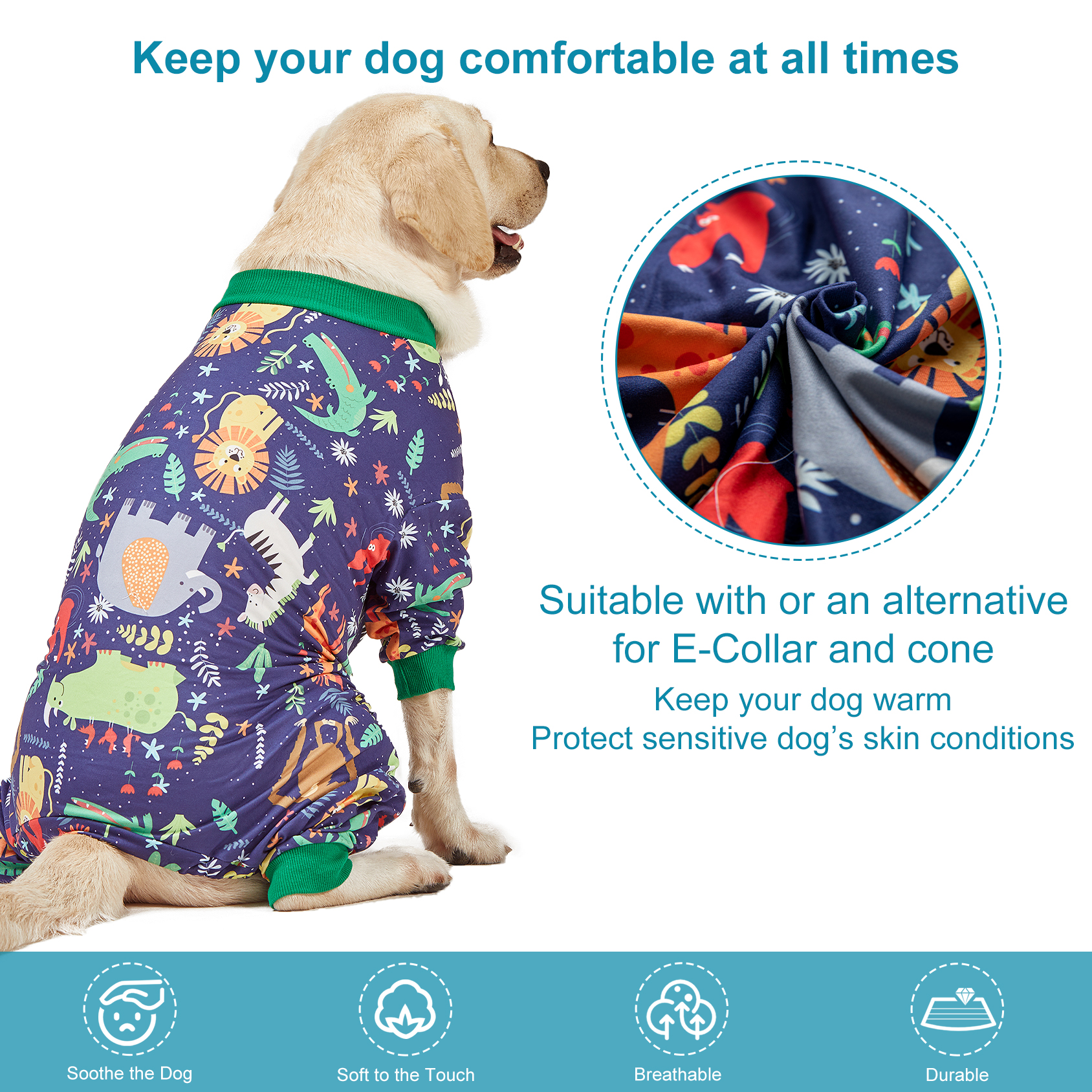 LovinPet Large Dog Pajama - Jungle Safari Animal Design Full-Body Pajamas with Green Accents