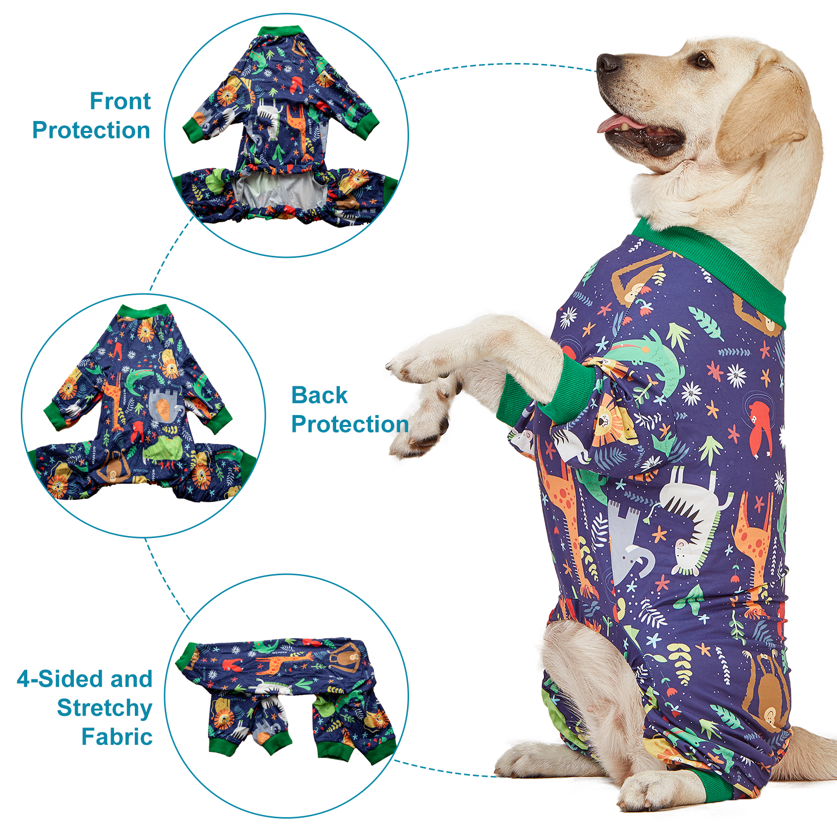 LovinPet Large Dog Pajama - Jungle Safari Animal Design Full-Body Pajamas with Green Accents