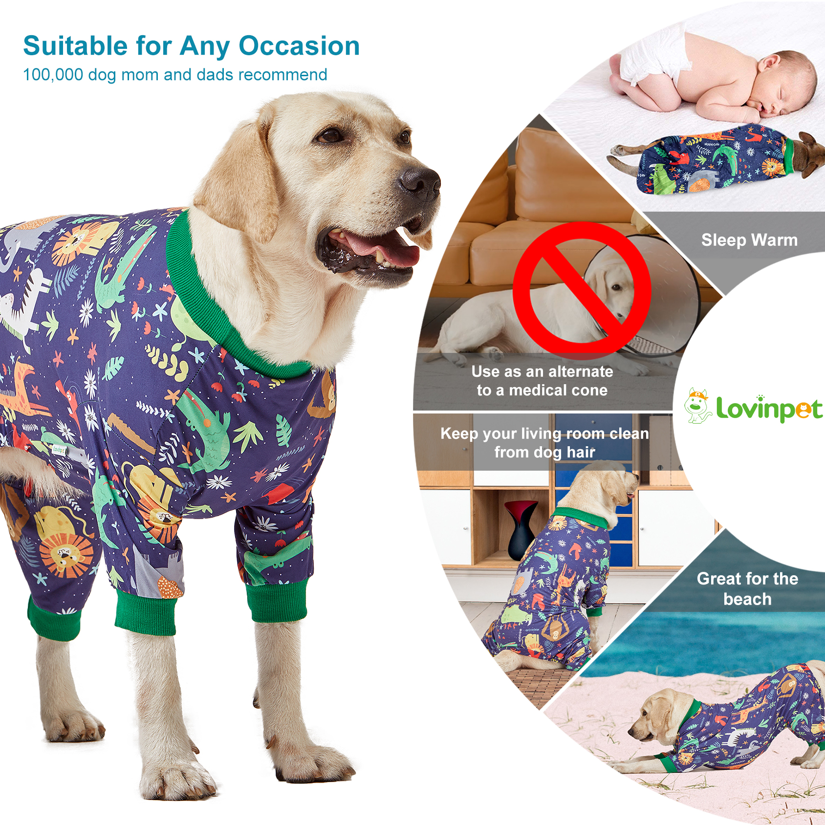 LovinPet Large Dog Pajama - Jungle Safari Animal Design Full-Body Pajamas with Green Accents