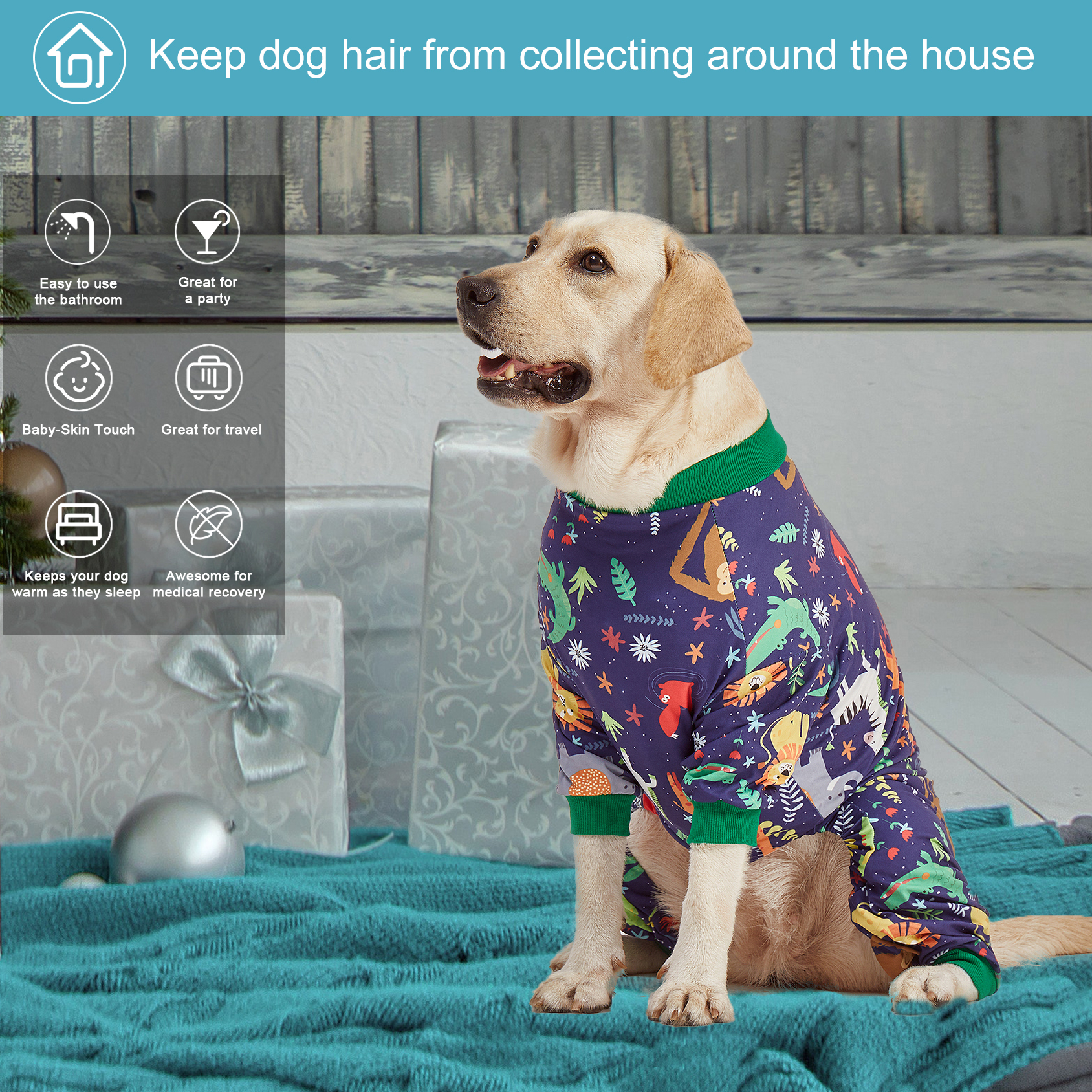 LovinPet Large Dog Pajama - Jungle Safari Animal Design Full-Body Pajamas with Green Accents