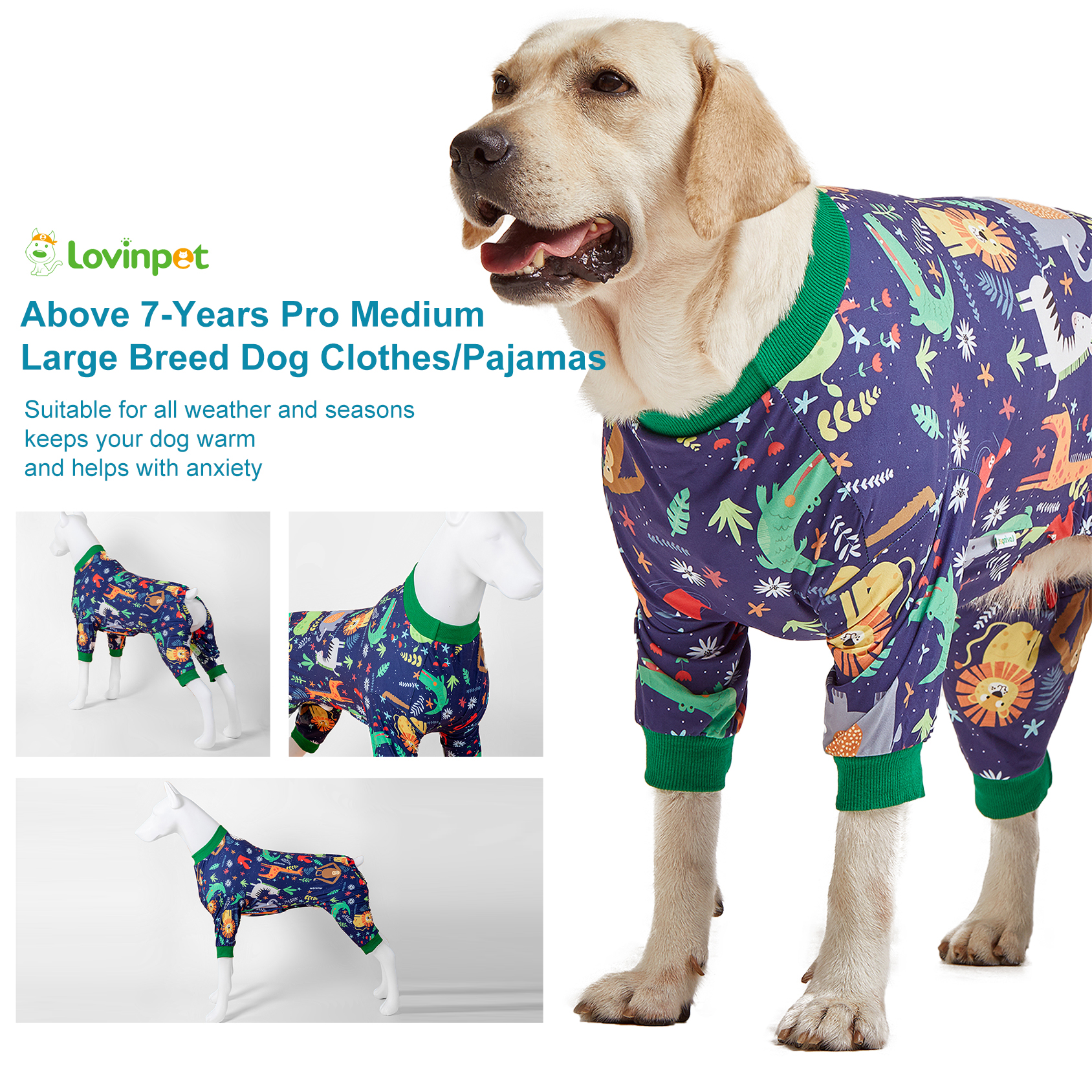 LovinPet Large Dog Pajama - Jungle Safari Animal Design Full-Body Pajamas with Green Accents