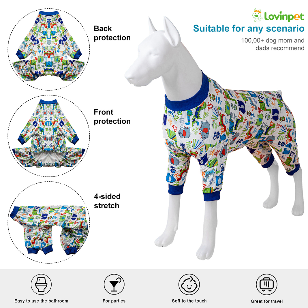 LovinPet Large Dog Pajama - Safari Animal Adventure Design Full-Body Pajamas with Navy Accents
