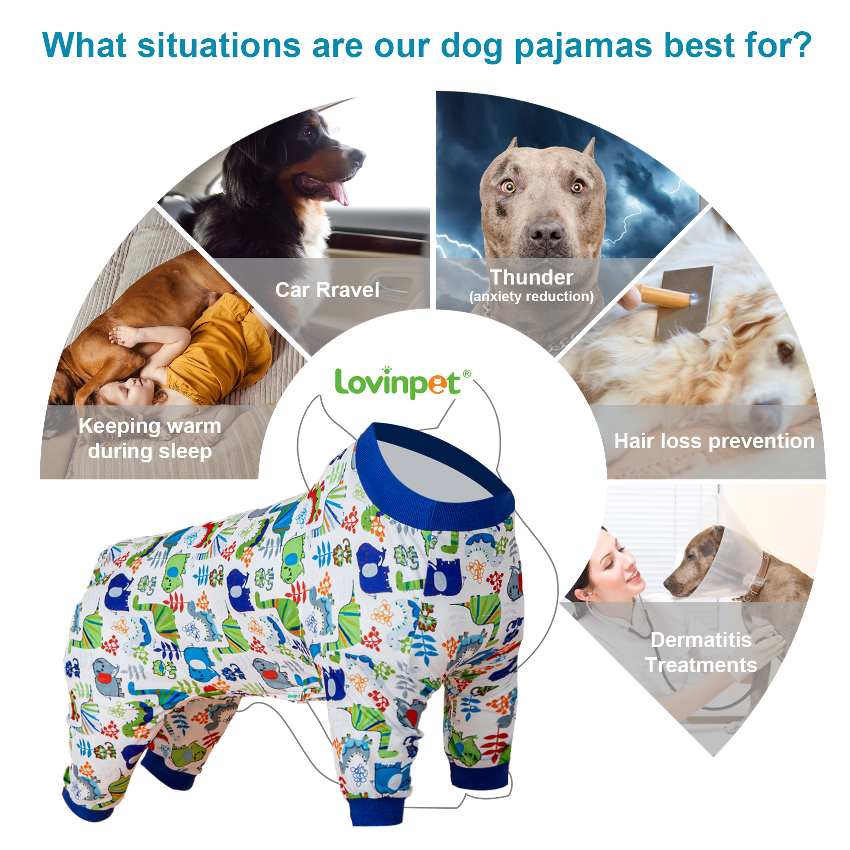 LovinPet Large Dog Pajama - Safari Animal Adventure Design Full-Body Pajamas with Navy Accents