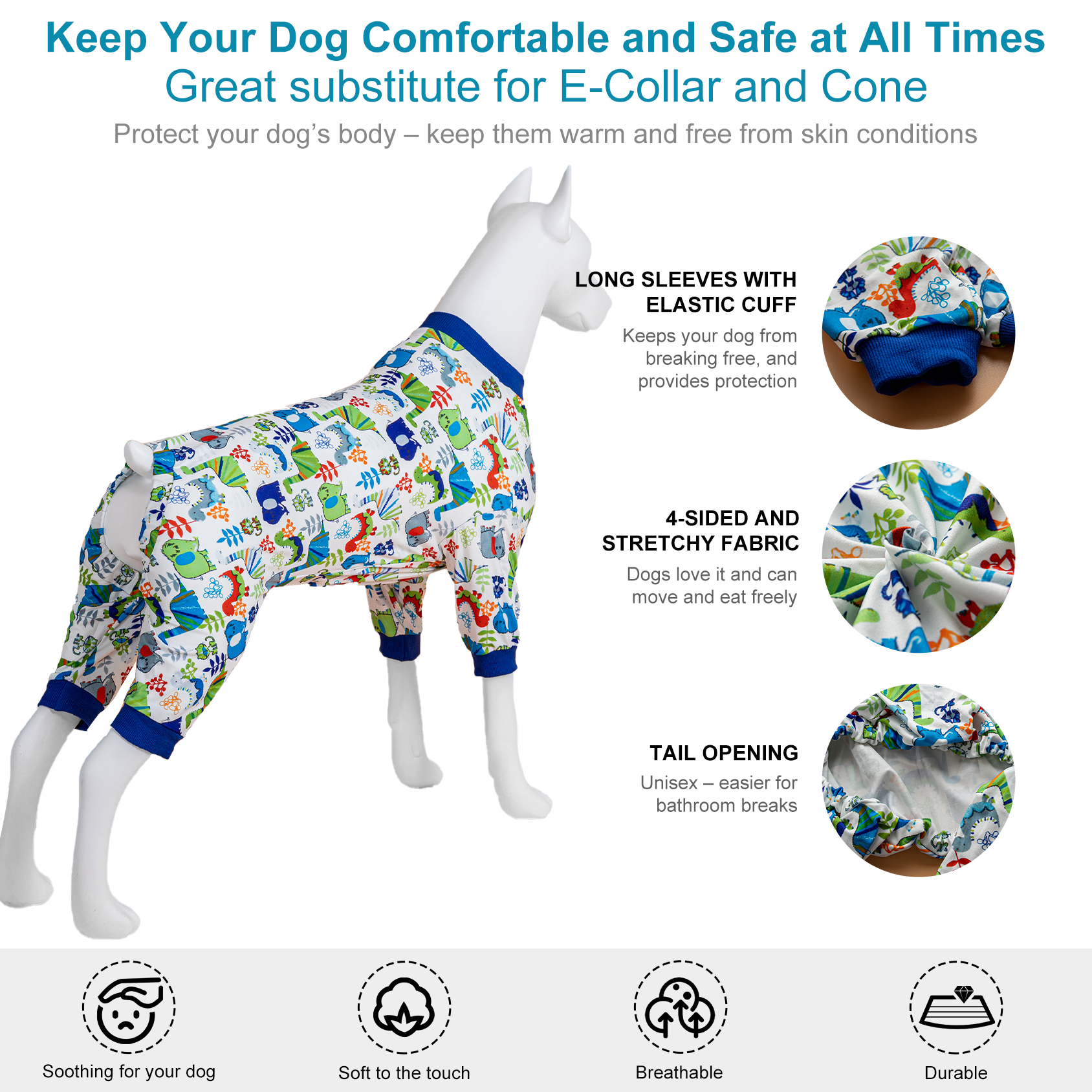 LovinPet Large Dog Pajama - Safari Animal Adventure Design Full-Body Pajamas with Navy Accents
