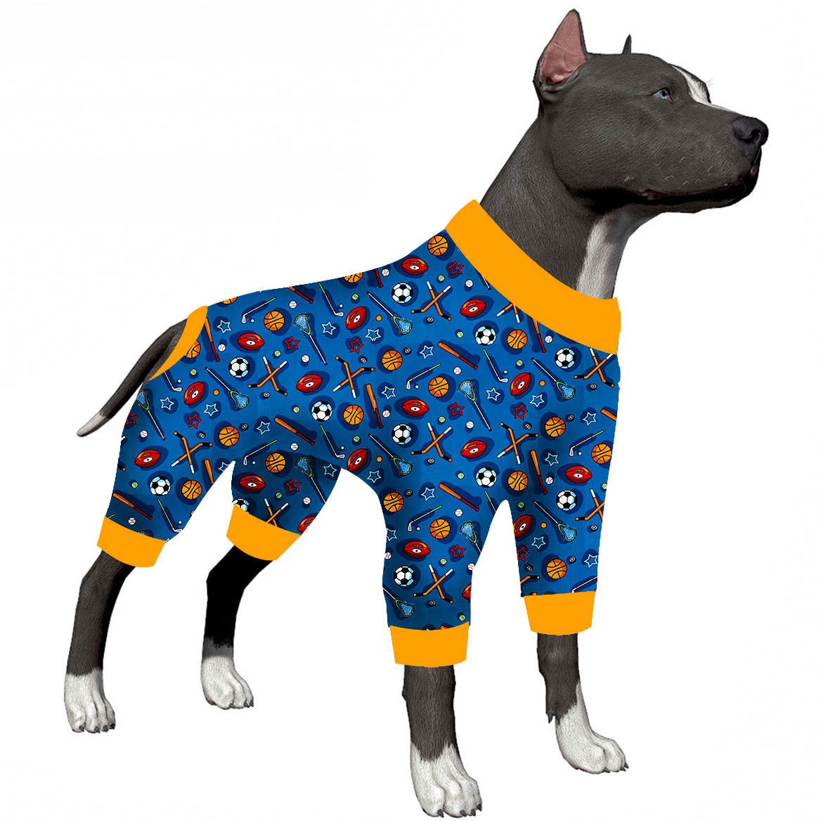 LovinPet Large Dog Pajama - Sports Equipment Design Full-Body Pajamas in Blue & Orange