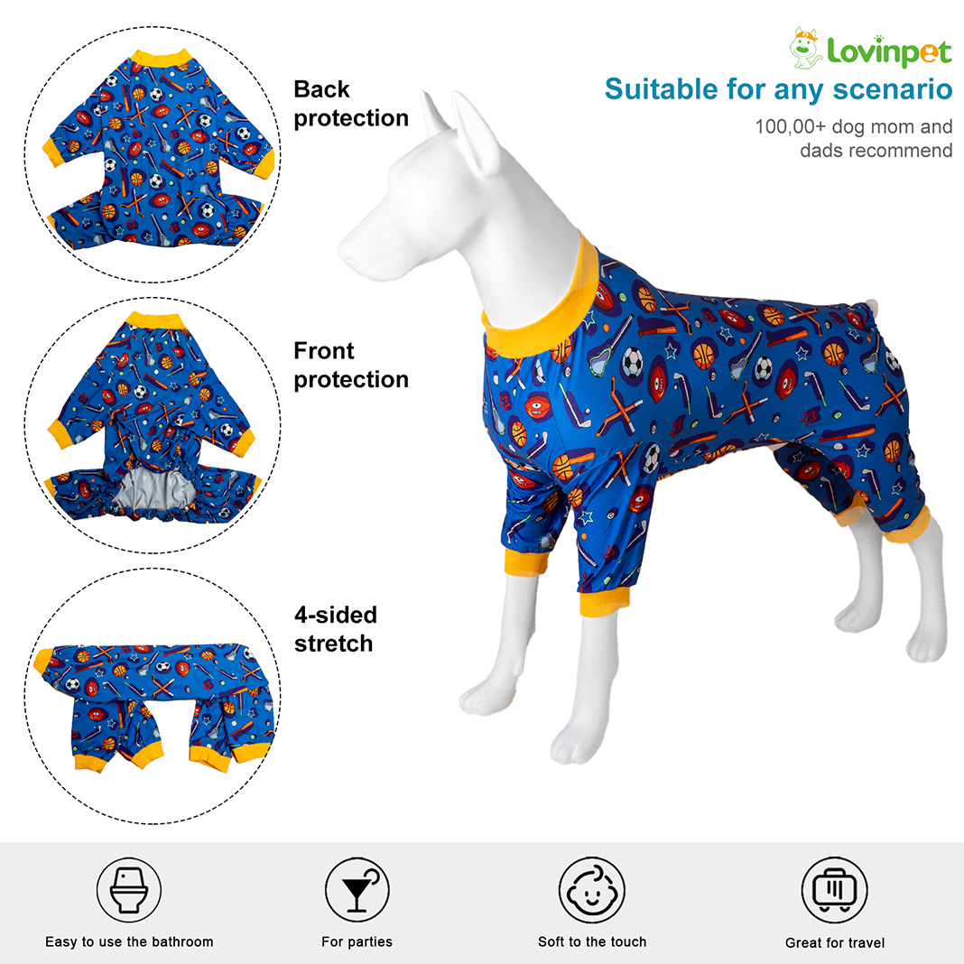 LovinPet Large Dog Pajama - Sports Equipment Design Full-Body Pajamas in Blue & Orange