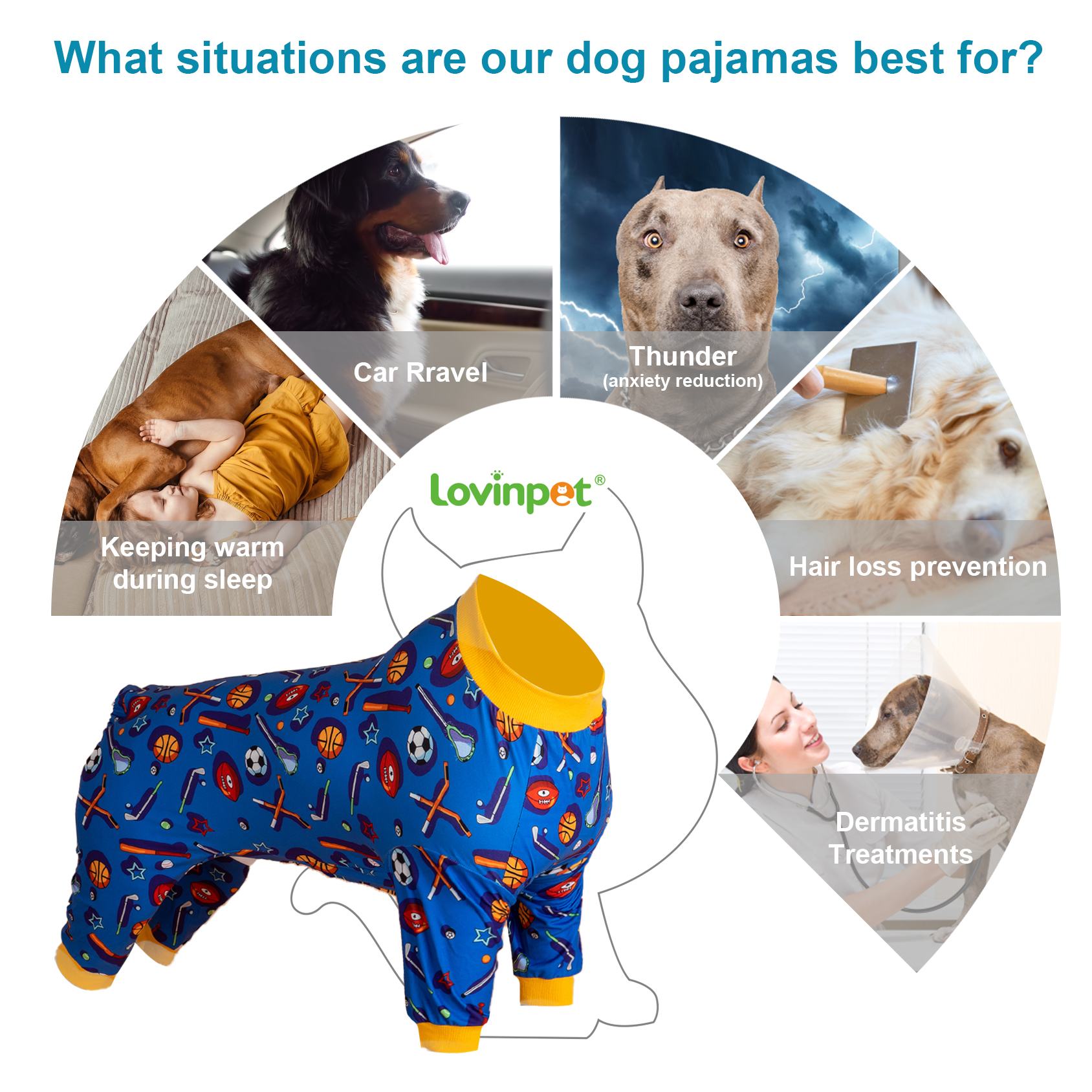 LovinPet Large Dog Pajama - Sports Equipment Design Full-Body Pajamas in Blue & Orange