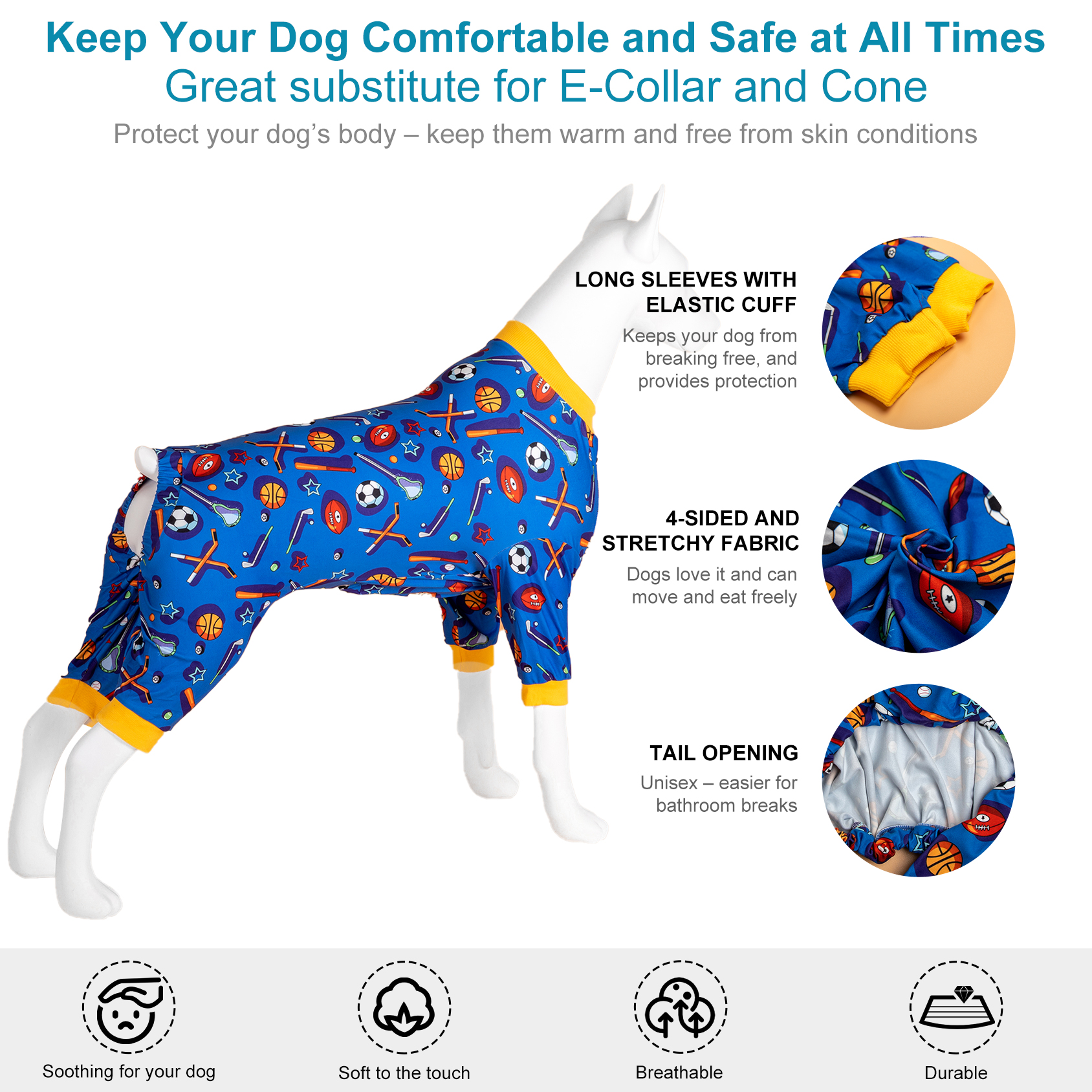 LovinPet Large Dog Pajama - Sports Equipment Design Full-Body Pajamas in Blue & Orange