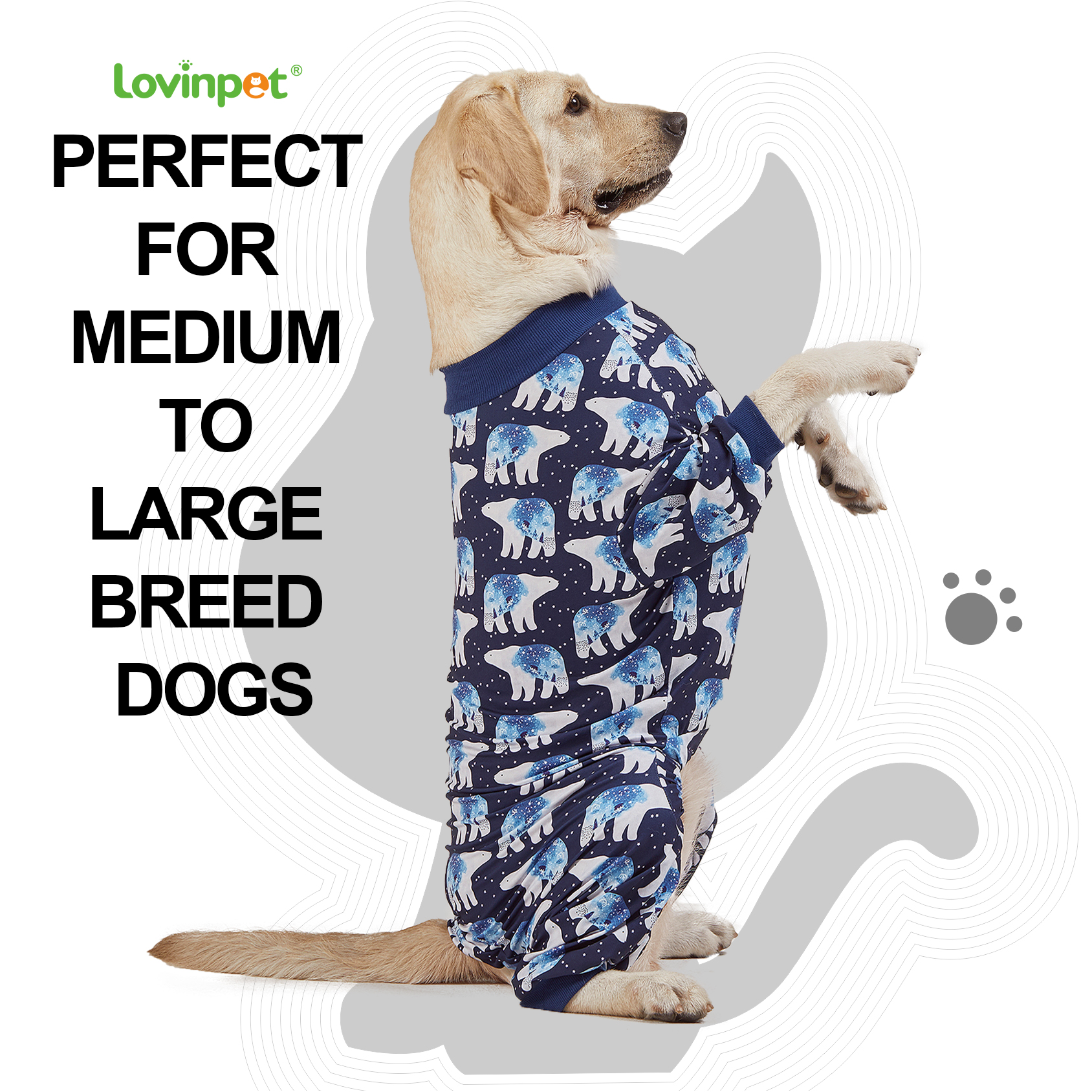 LovinPet Big Dog Pajama Onesie - Polar Bear Winter Pattern
