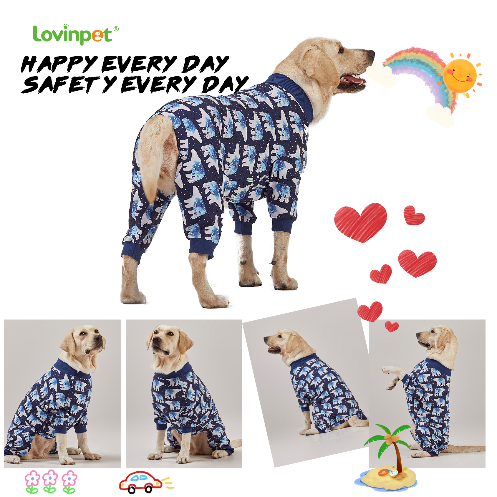 LovinPet Big Dog Pajama Onesie - Polar Bear Winter Pattern
