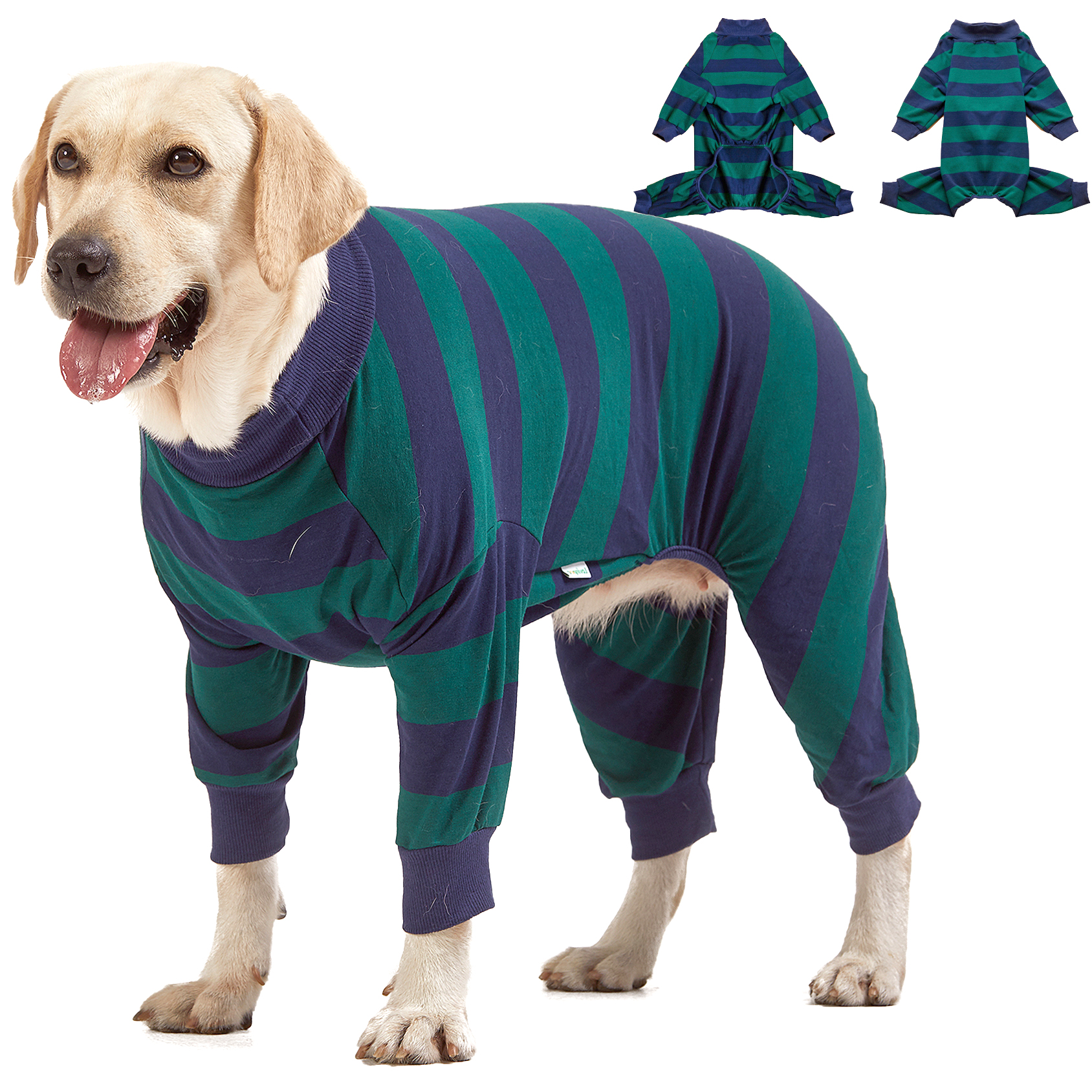 LovinPet Large Dog Anti-shedding Pajama - Classic Green & Navy Blue Striped Full-Body Pajamas