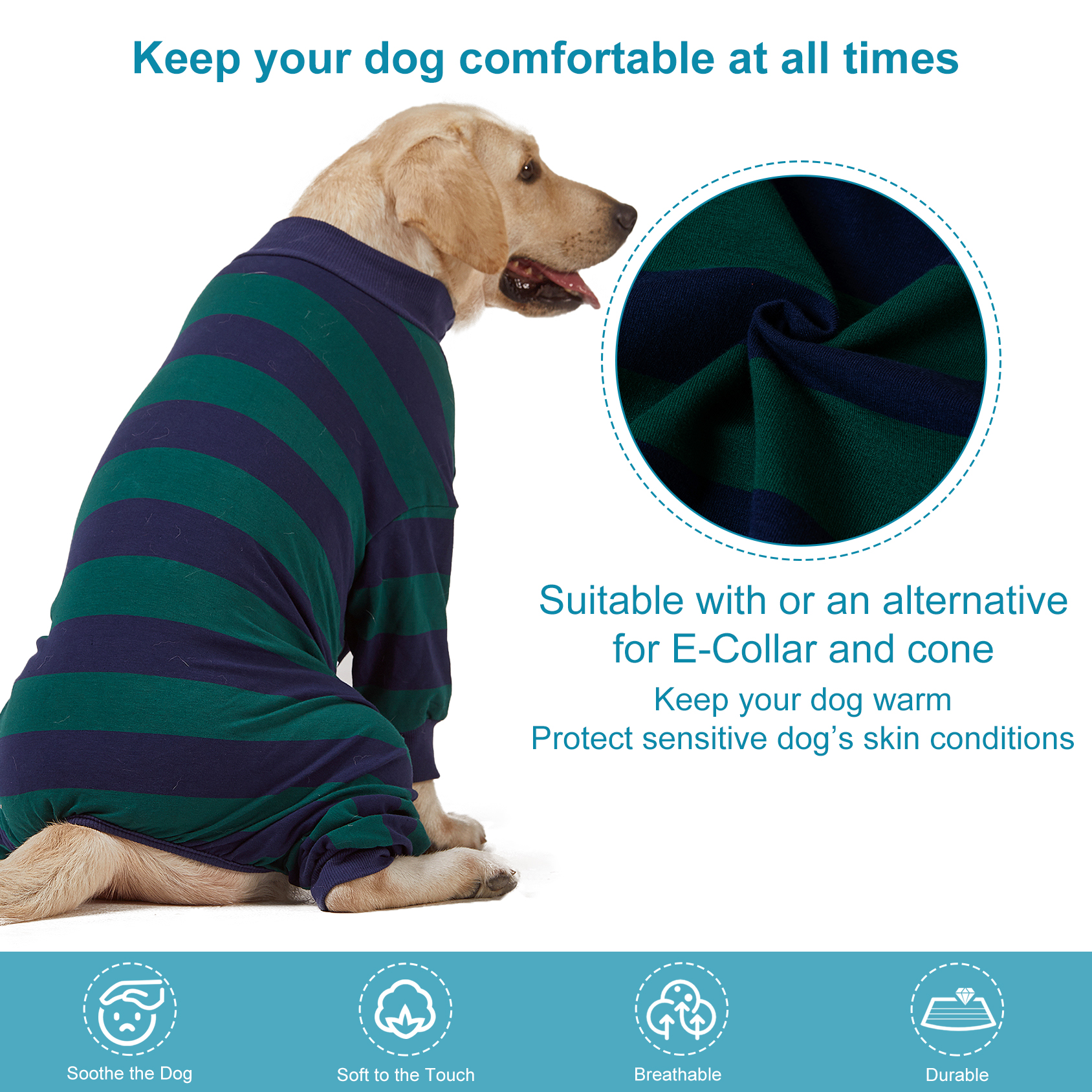 LovinPet Large Dog Anti-shedding Pajama - Classic Green & Navy Blue Striped Full-Body Pajamas