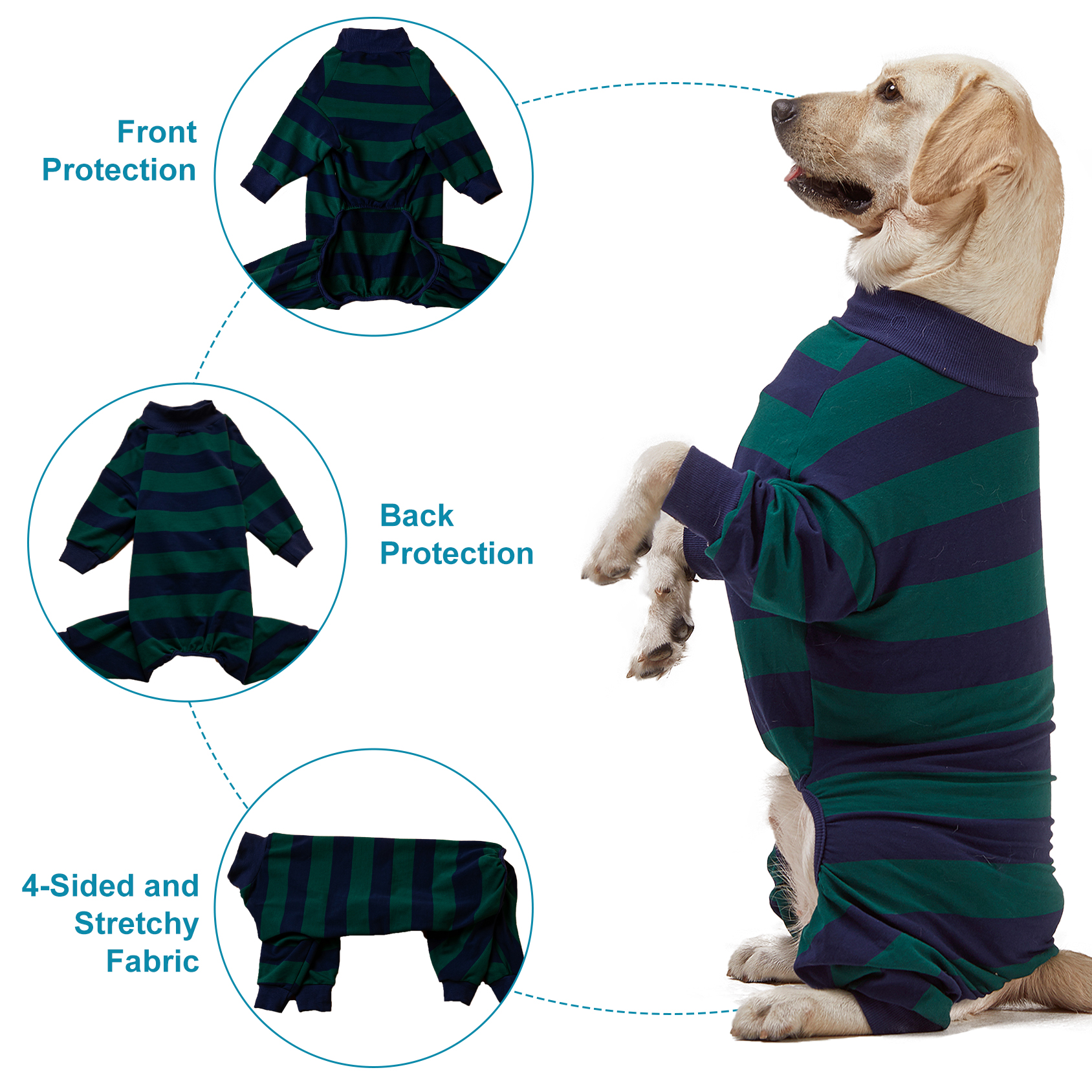 LovinPet Large Dog Anti-shedding Pajama - Classic Green & Navy Blue Striped Full-Body Pajamas