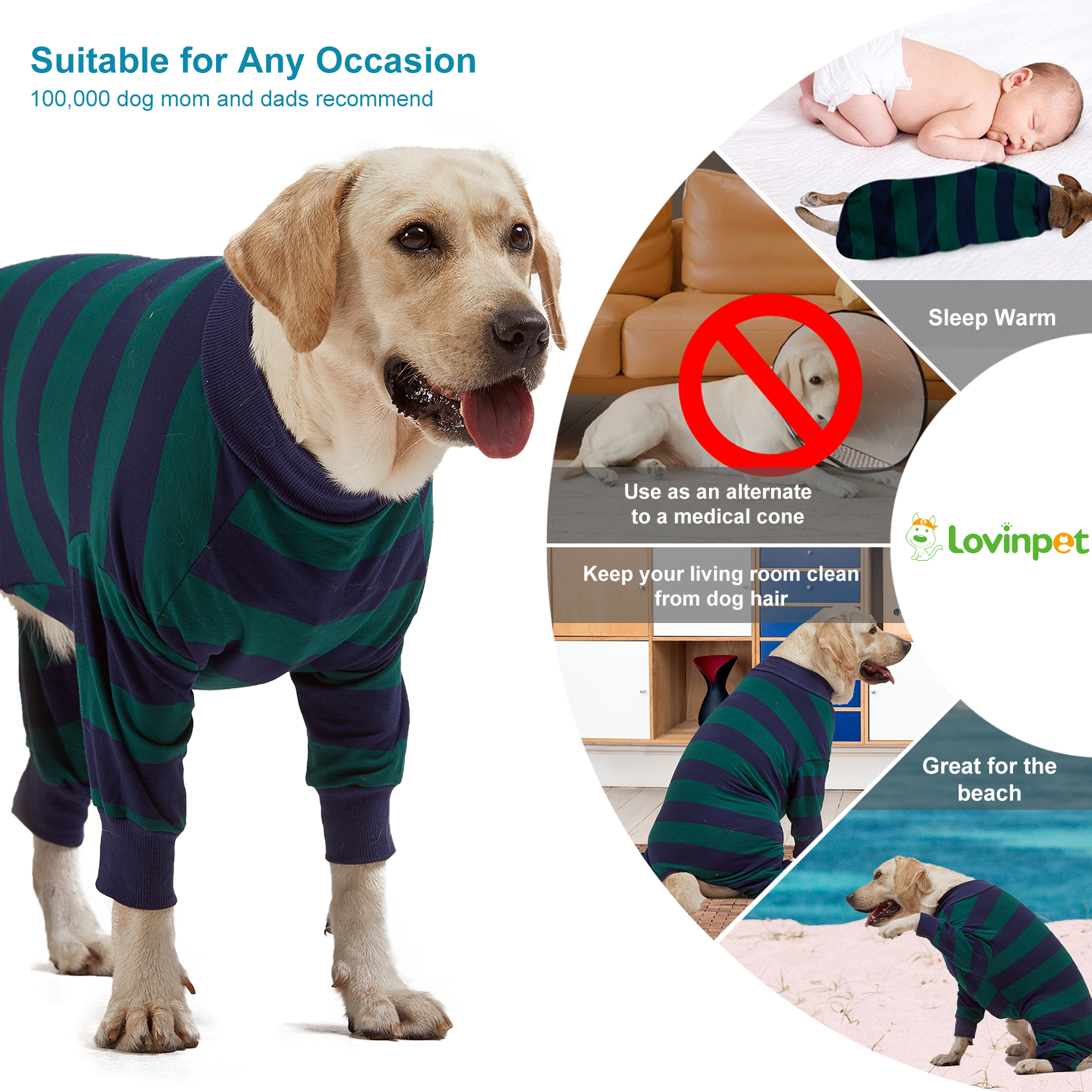 LovinPet Large Dog Anti-shedding Pajama - Classic Green & Navy Blue Striped Full-Body Pajamas