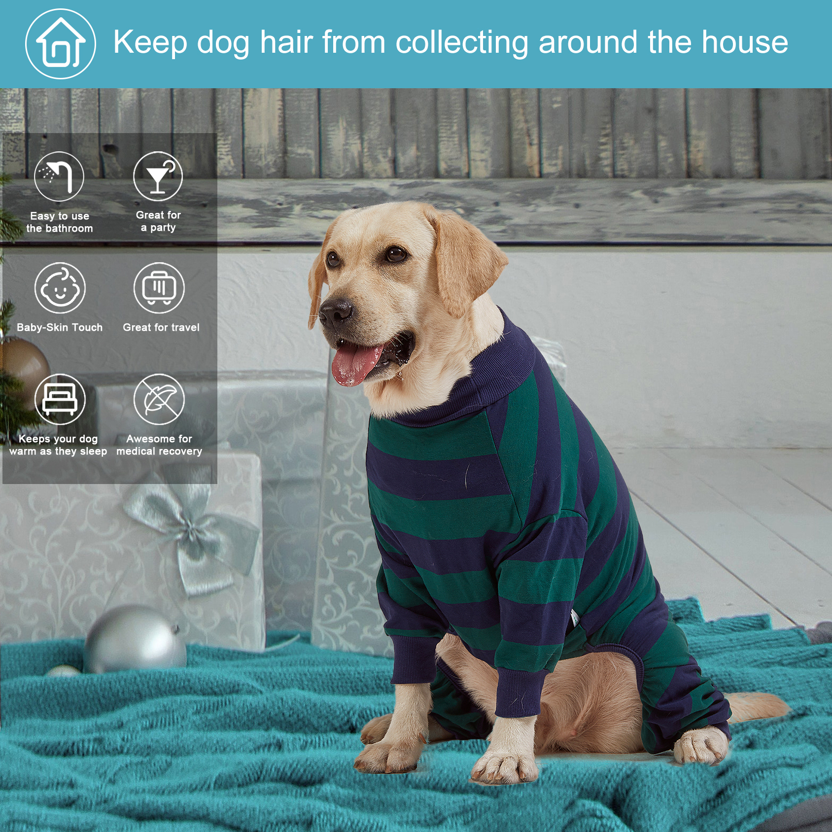 LovinPet Large Dog Anti-shedding Pajama - Classic Green & Navy Blue Striped Full-Body Pajamas