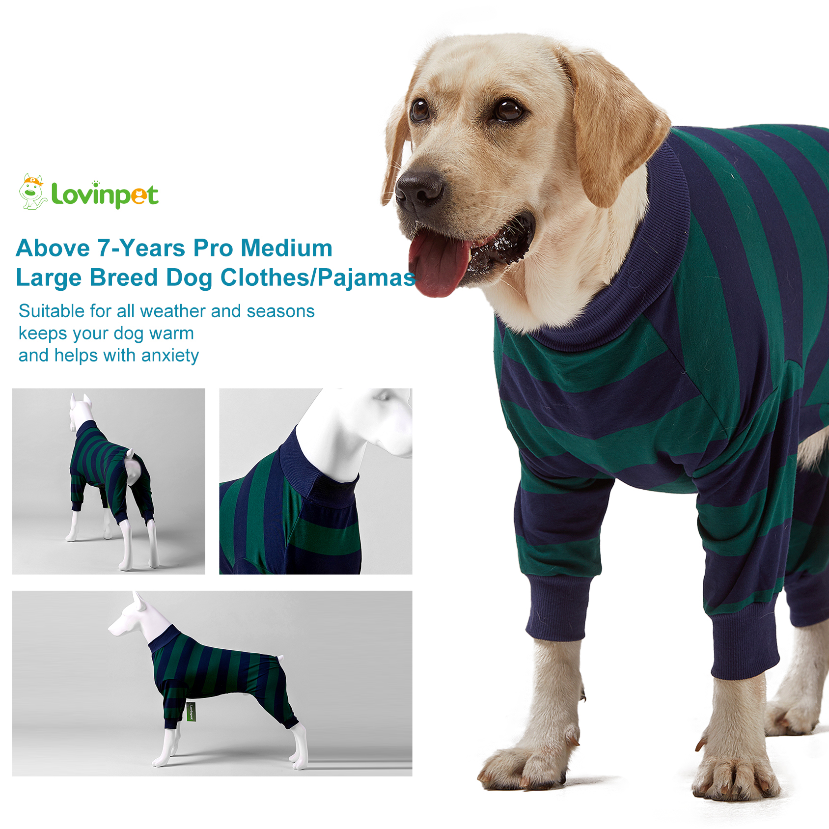 LovinPet Large Dog Anti-shedding Pajama - Classic Green & Navy Blue Striped Full-Body Pajamas