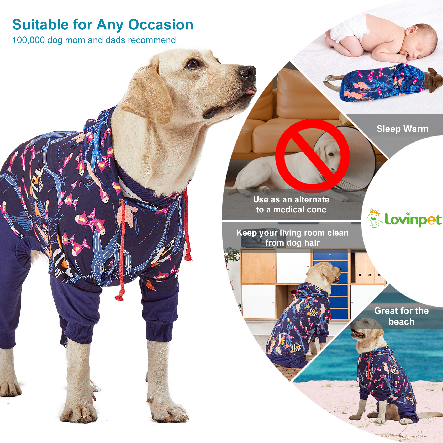 LovinPet Soft & Comfy Large Dog Pajamas with Belly Protection