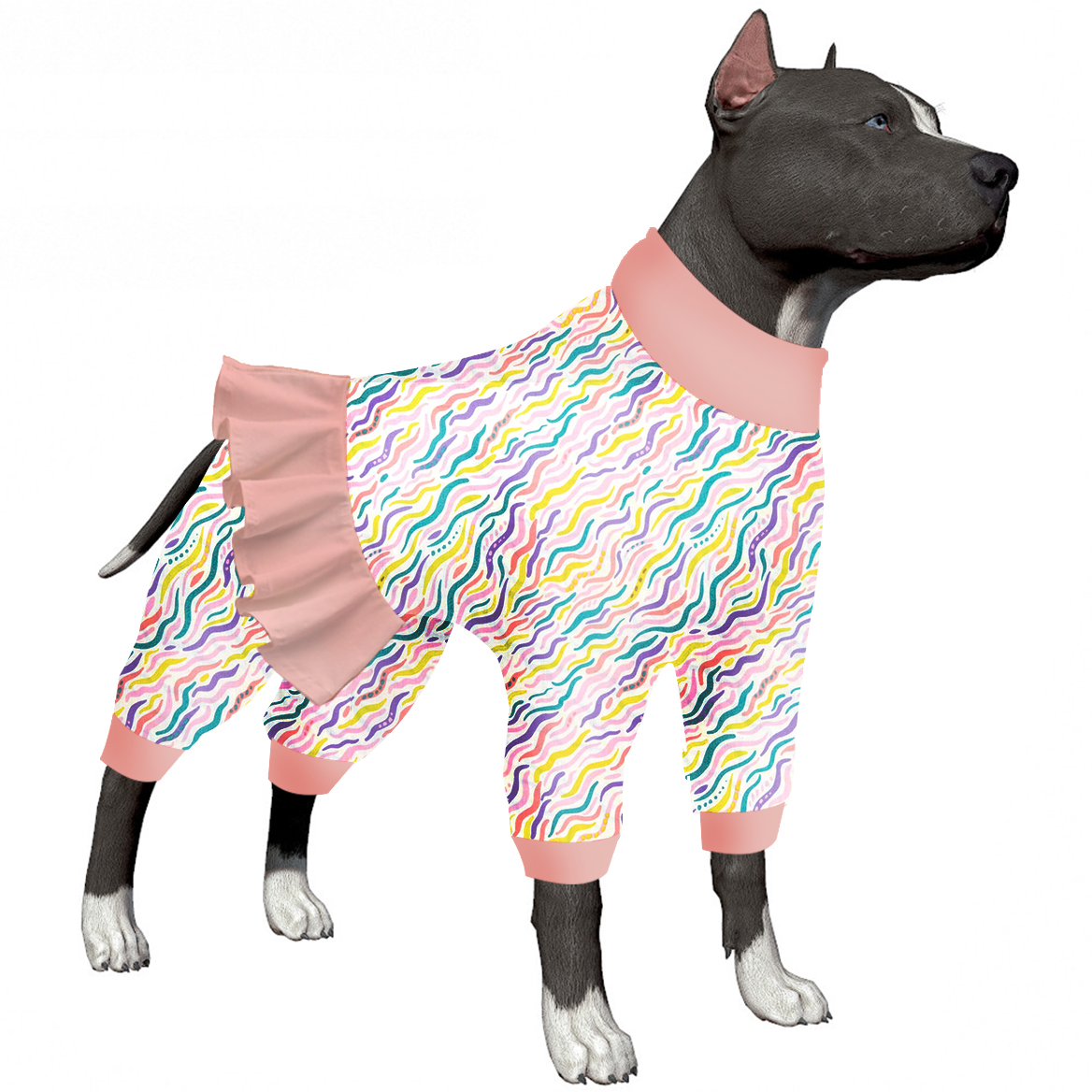 LovinPet Large Dog Pajamas Onesie with Skirt Tie - Colorful Wave Pattern Design