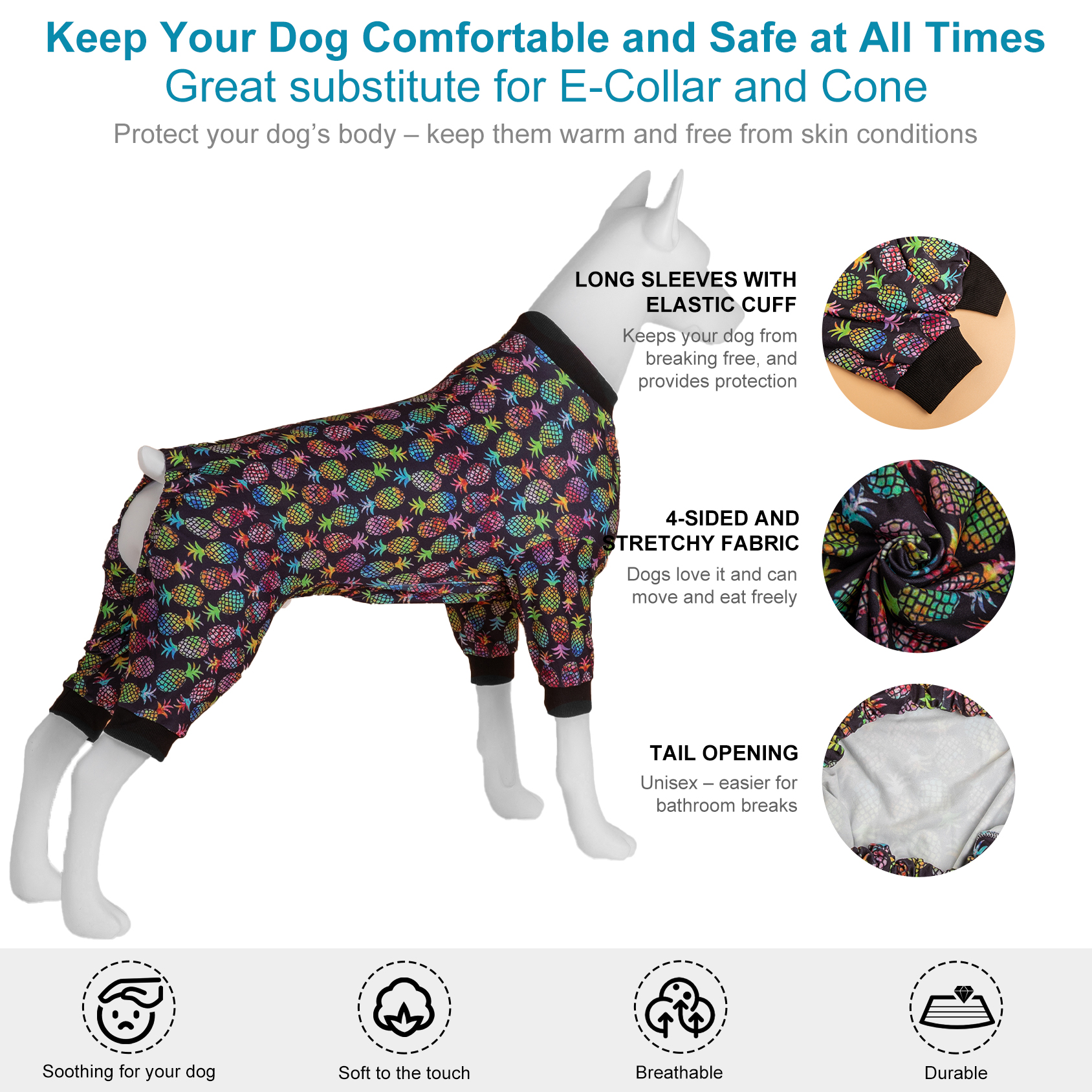 LovinPet Large Dog Pajama - Colorful Pineapple Print Pajamas for Large Dogs