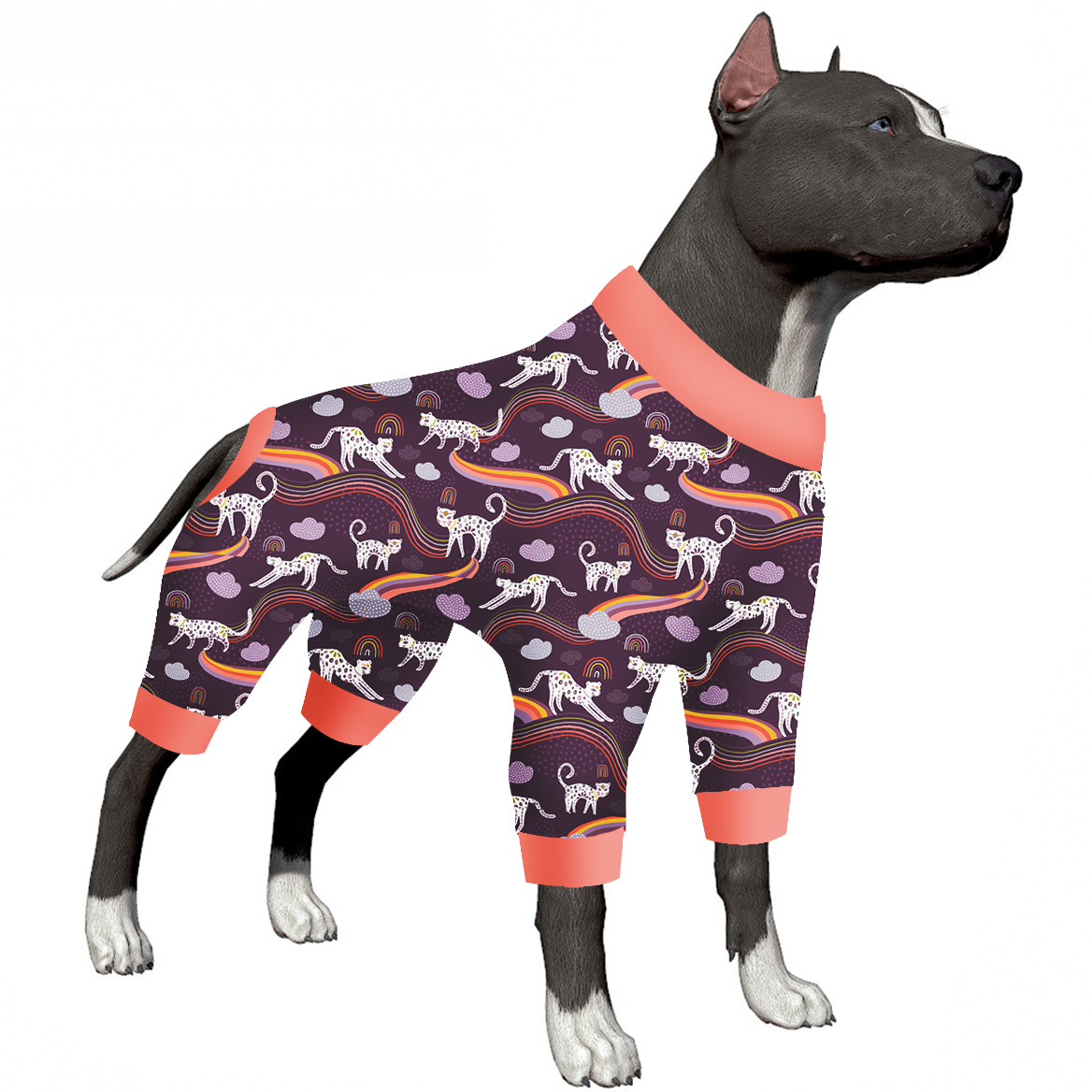 LovinPet Large Dog Pajamas Onesie - Whimsical Leopard and Rainbow Design in Dark Purple