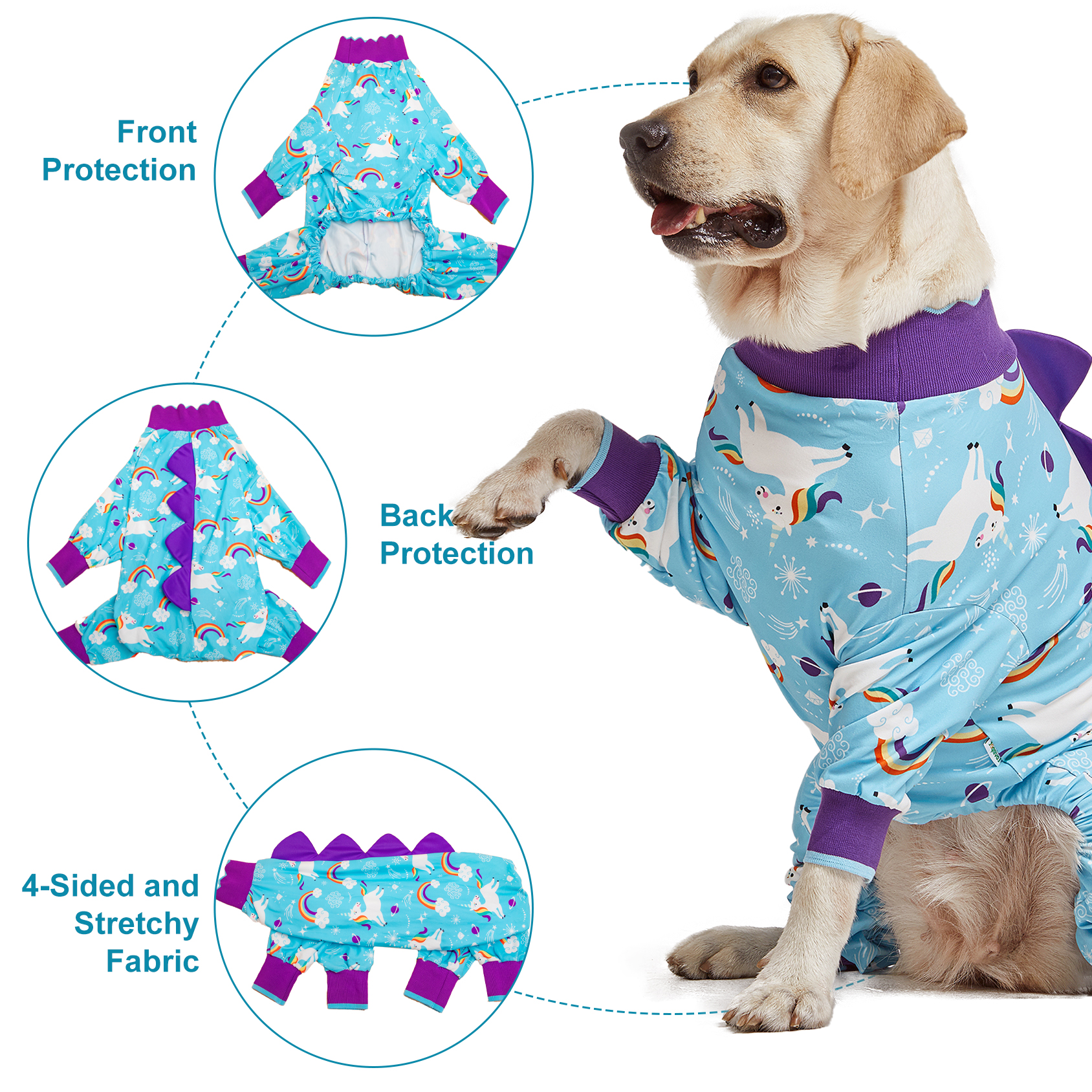 LovinPet Large Dog Pajama - Unicorn and Rainbow Print with Dinosaur Spikes