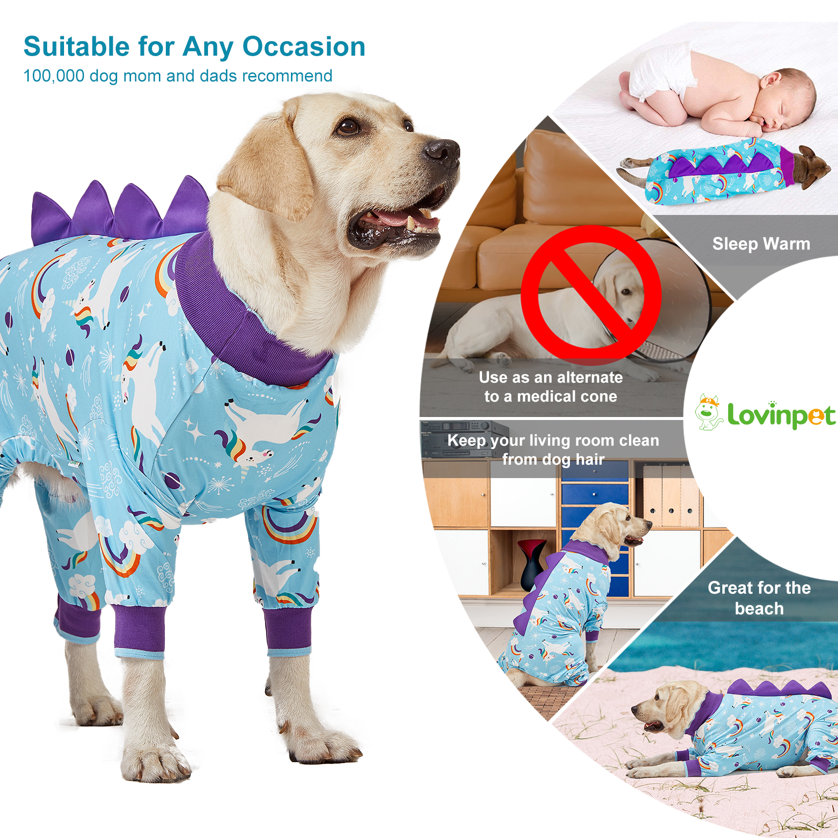 LovinPet Large Dog Pajama - Unicorn and Rainbow Print with Dinosaur Spikes