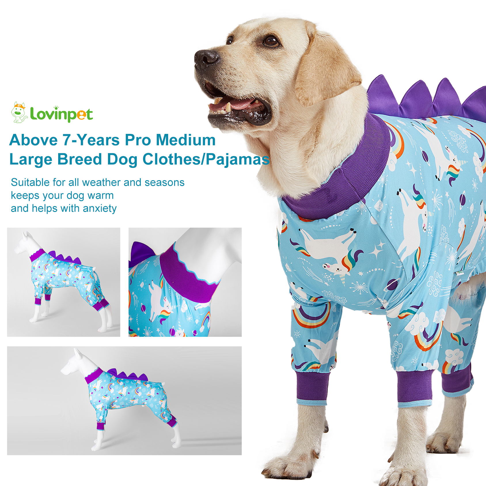 LovinPet Large Dog Pajama - Unicorn and Rainbow Print with Dinosaur Spikes
