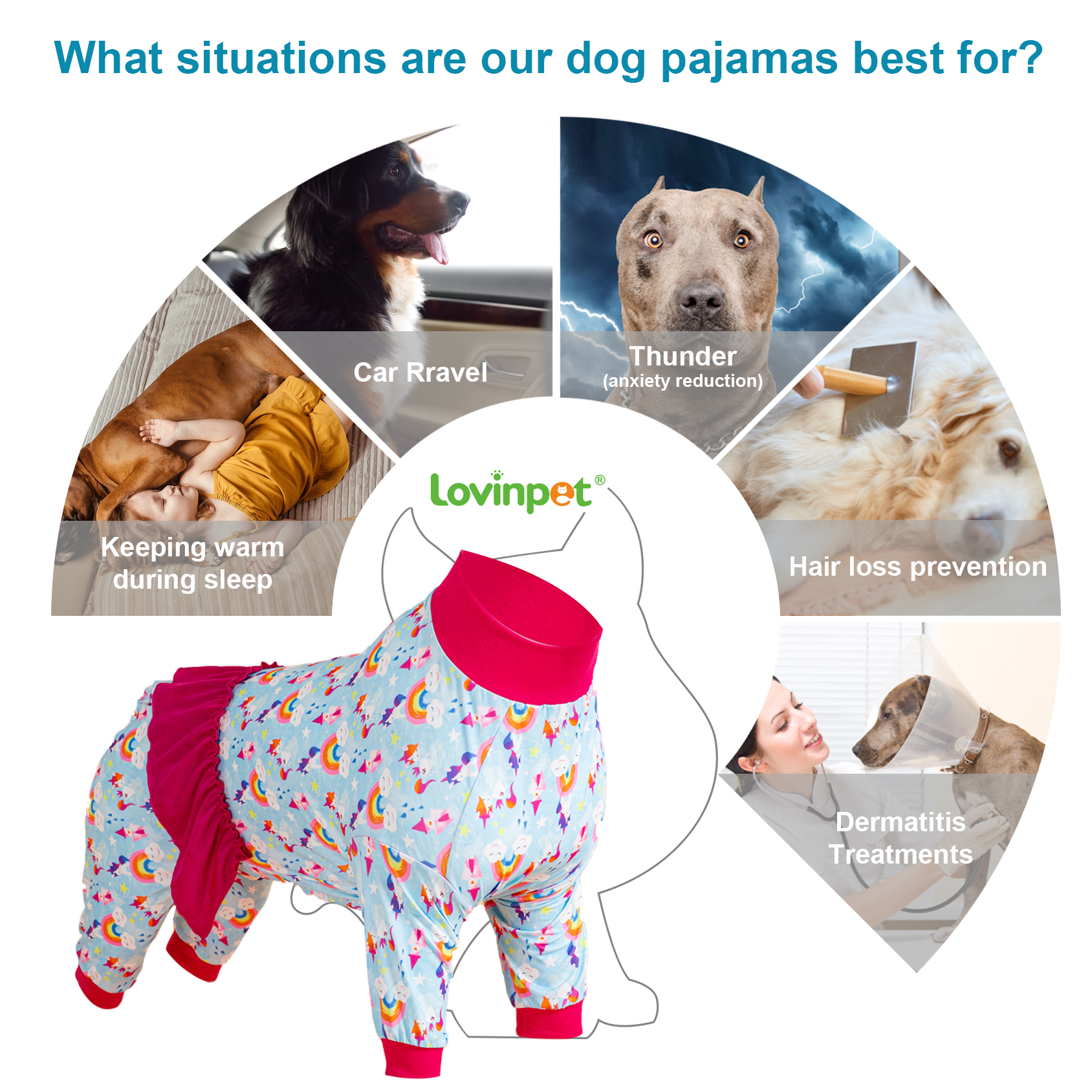 LovinPet Large Dog Pajama with Skirt Tie - Fantasy Rainbow Unicorn Design Full-Body Pajamas with Pink Accents