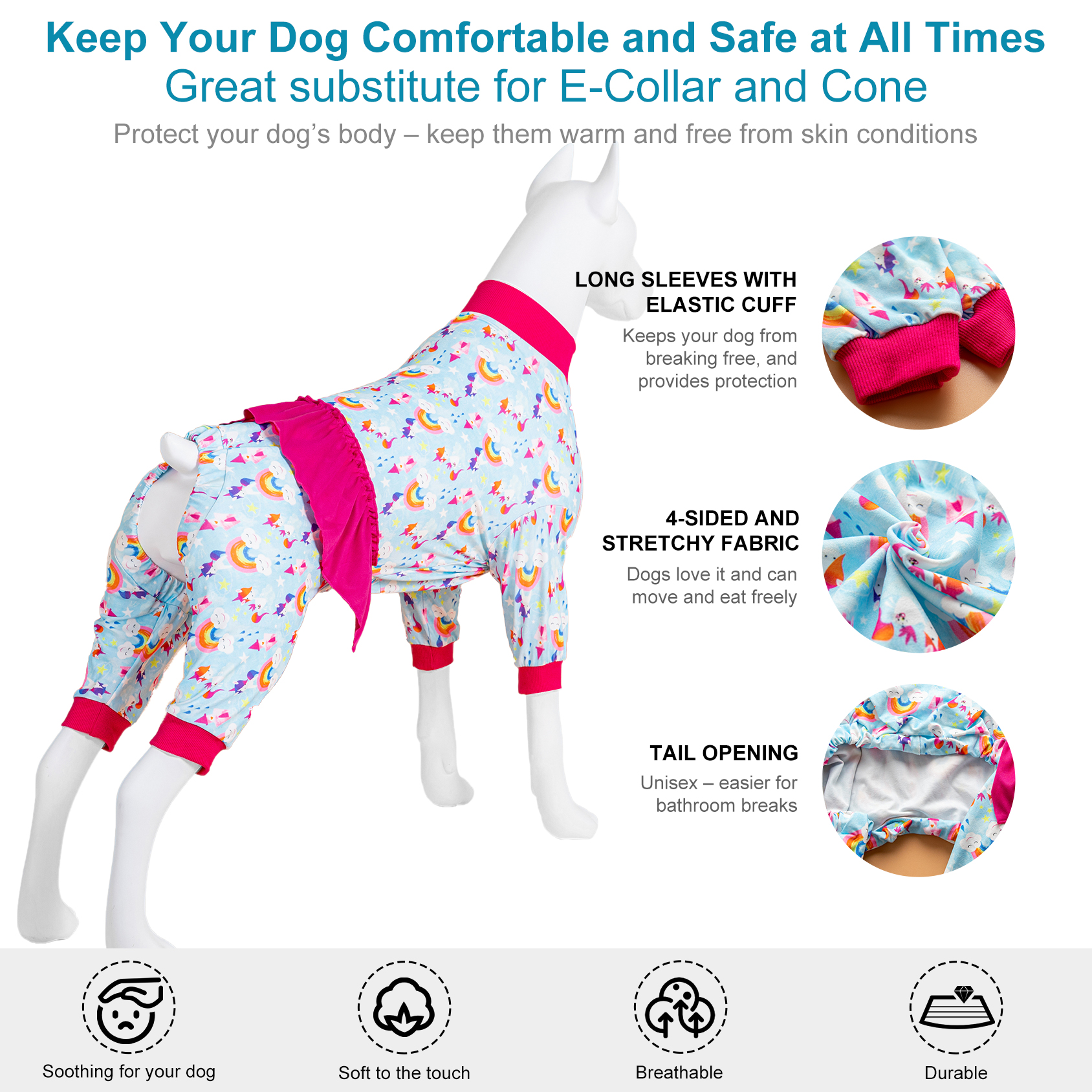 LovinPet Large Dog Pajama with Skirt Tie - Fantasy Rainbow Unicorn Design Full-Body Pajamas with Pink Accents