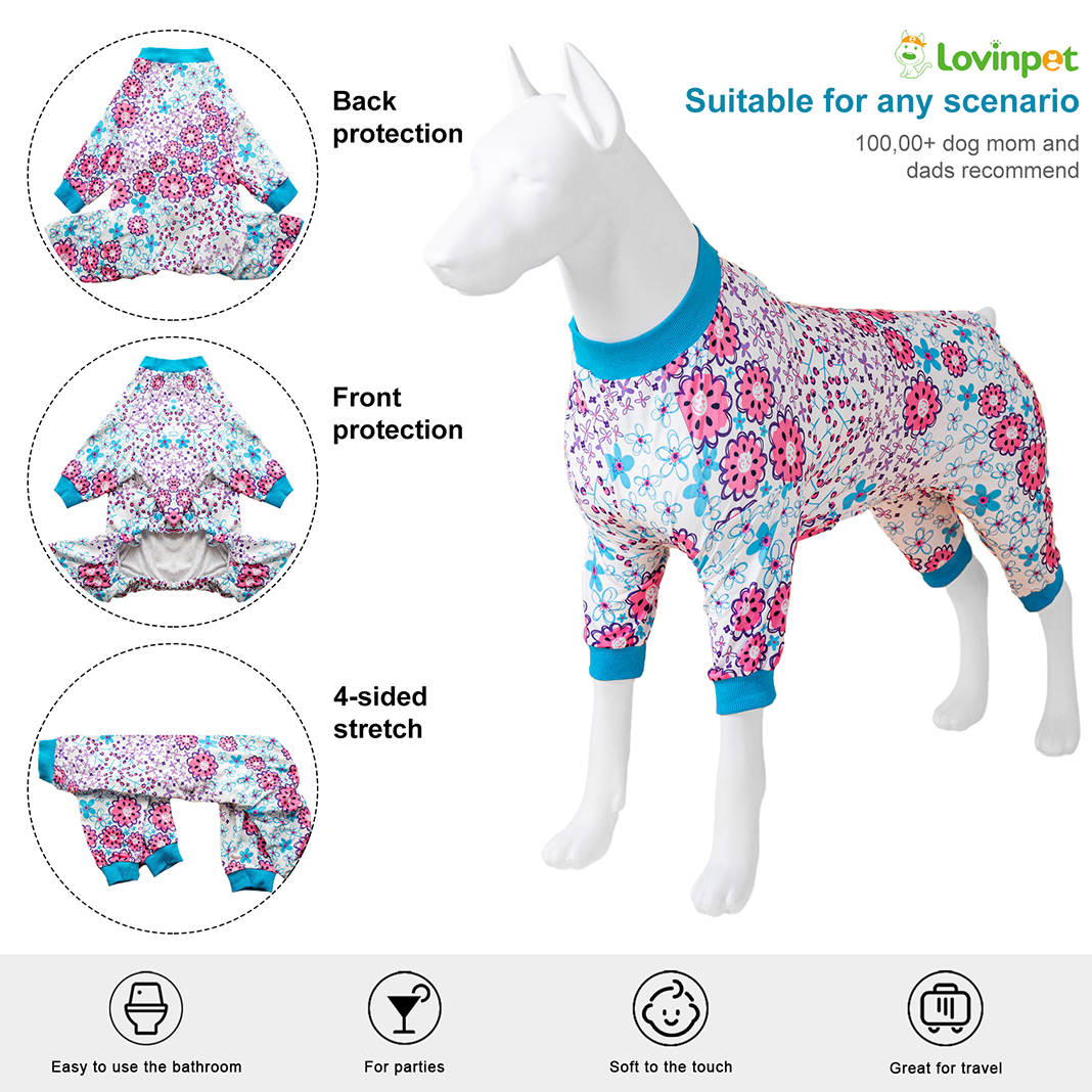 LovinPet Large Dog Knee Protection Pajama - Colorful Floral Design Full-Body Pajamas with Blue Accents
