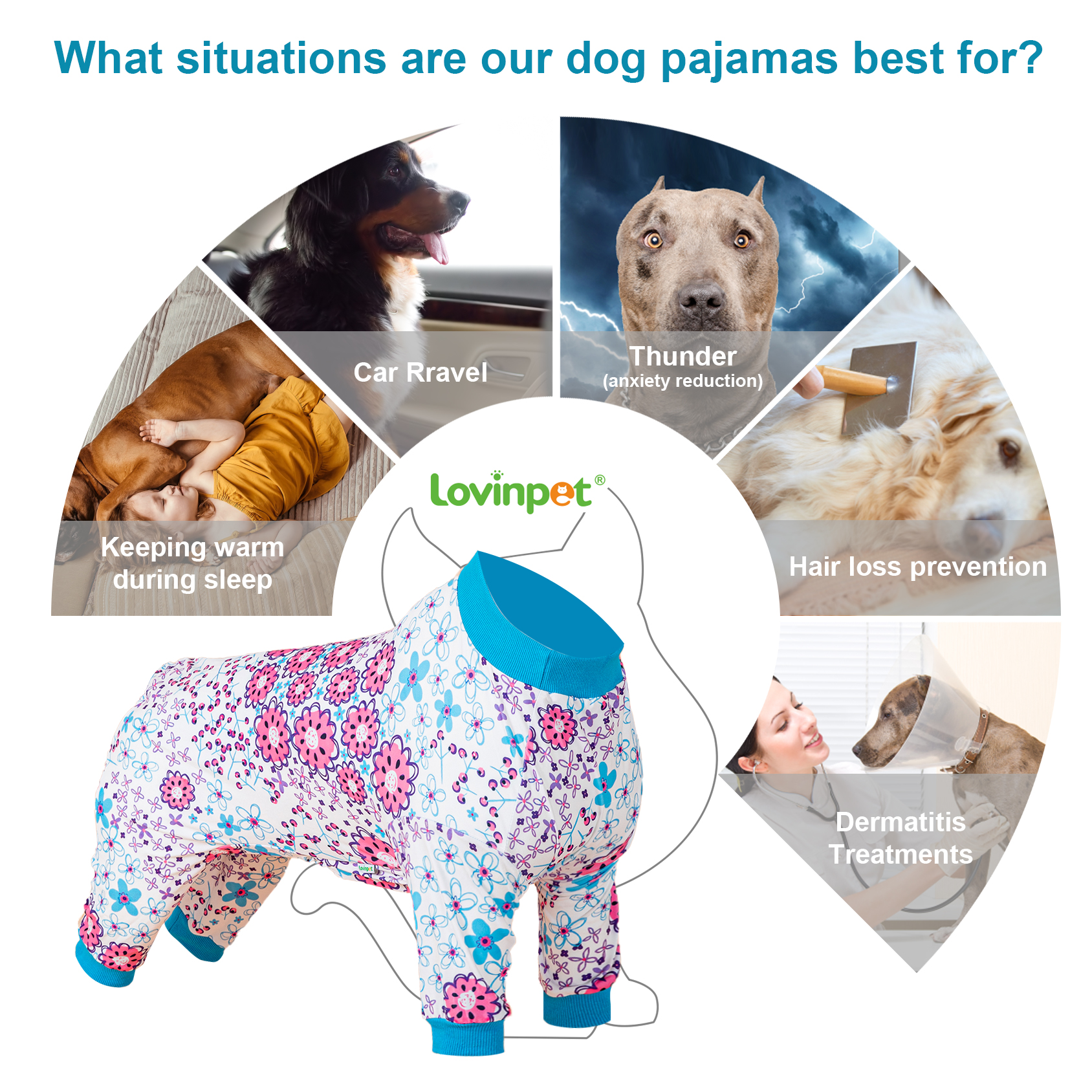 LovinPet Large Dog Knee Protection Pajama - Colorful Floral Design Full-Body Pajamas with Blue Accents
