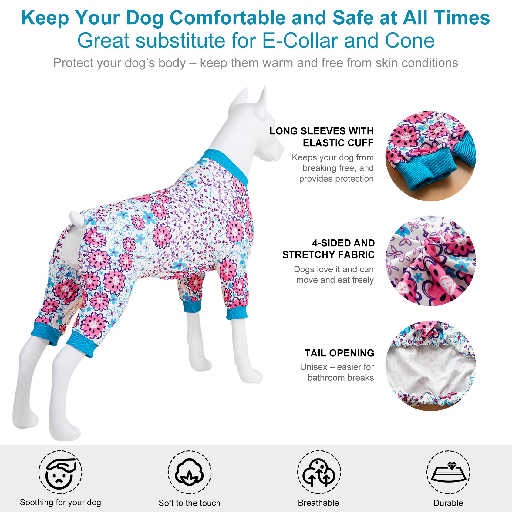 LovinPet Large Dog Knee Protection Pajama - Colorful Floral Design Full-Body Pajamas with Blue Accents