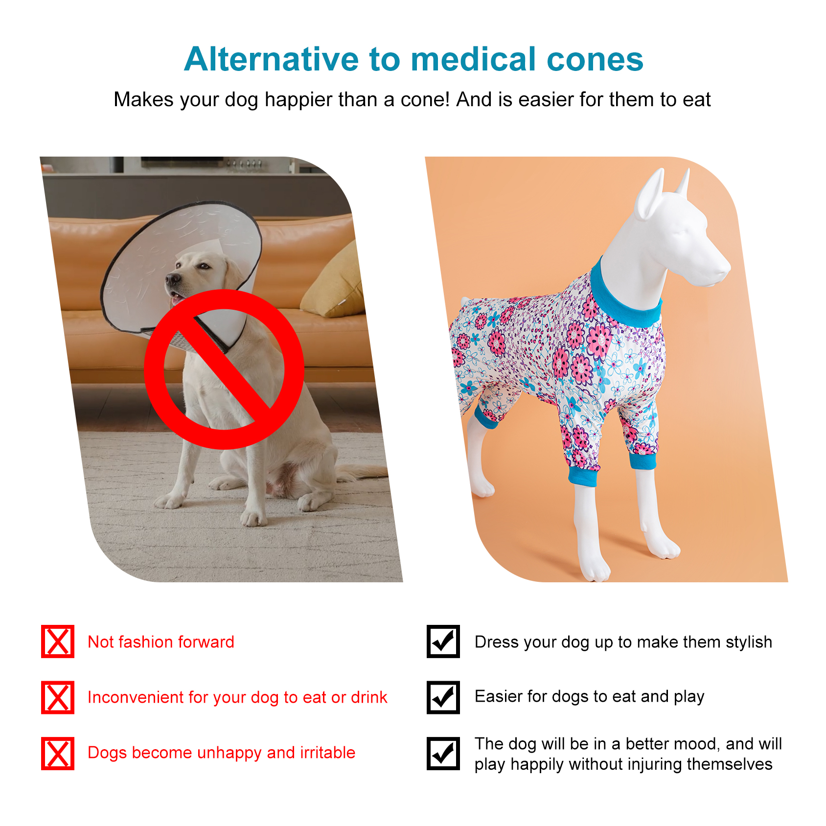 LovinPet Large Dog Knee Protection Pajama - Colorful Floral Design Full-Body Pajamas with Blue Accents