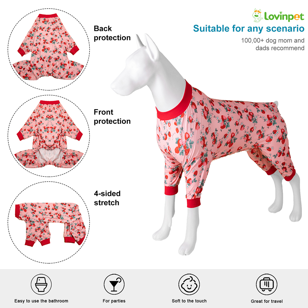 LovinPet Large Dog Jumpsuit Pajama - Sweet Strawberry and Floral Print for Large Dogs