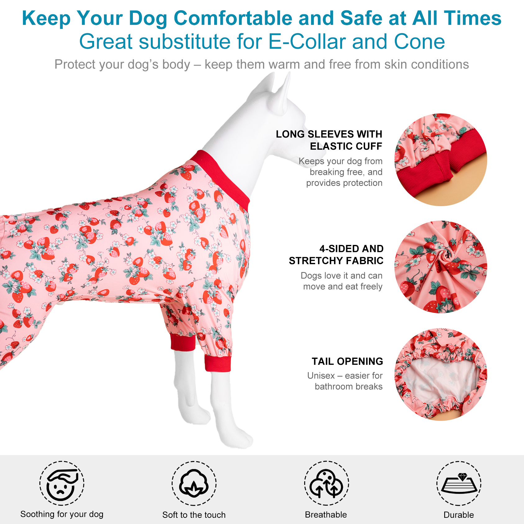 LovinPet Large Dog Jumpsuit Pajama - Sweet Strawberry and Floral Print for Large Dogs