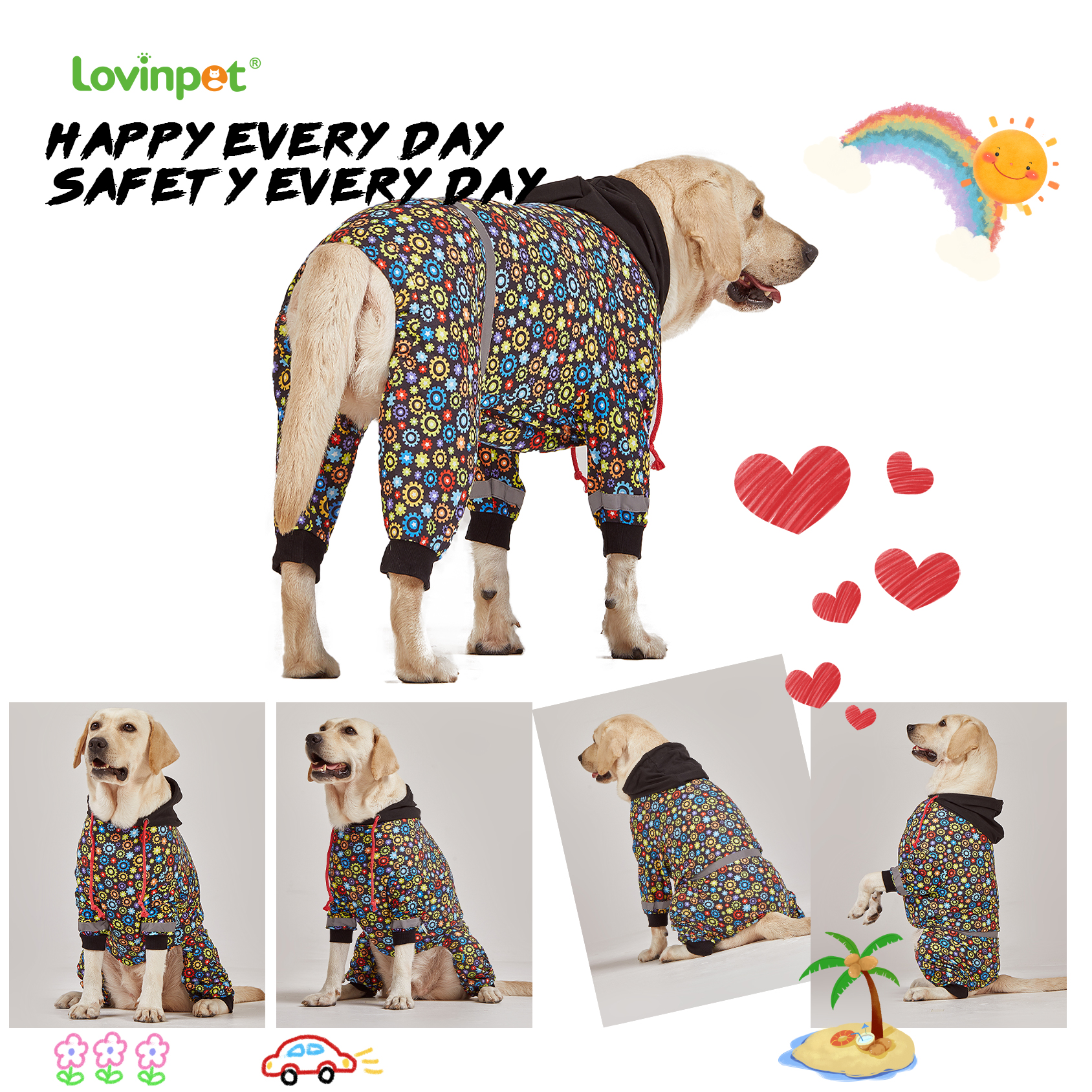 LovinPet Large Dog Pajama - Colorful Gear Hoodie Pajamas