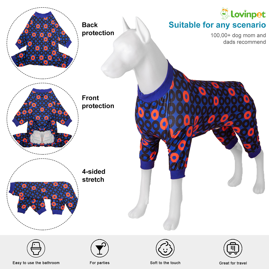 LovinPet Large Dog Jumpsuit Pajama - Bold Geometric Circle Pattern in Red and Blue