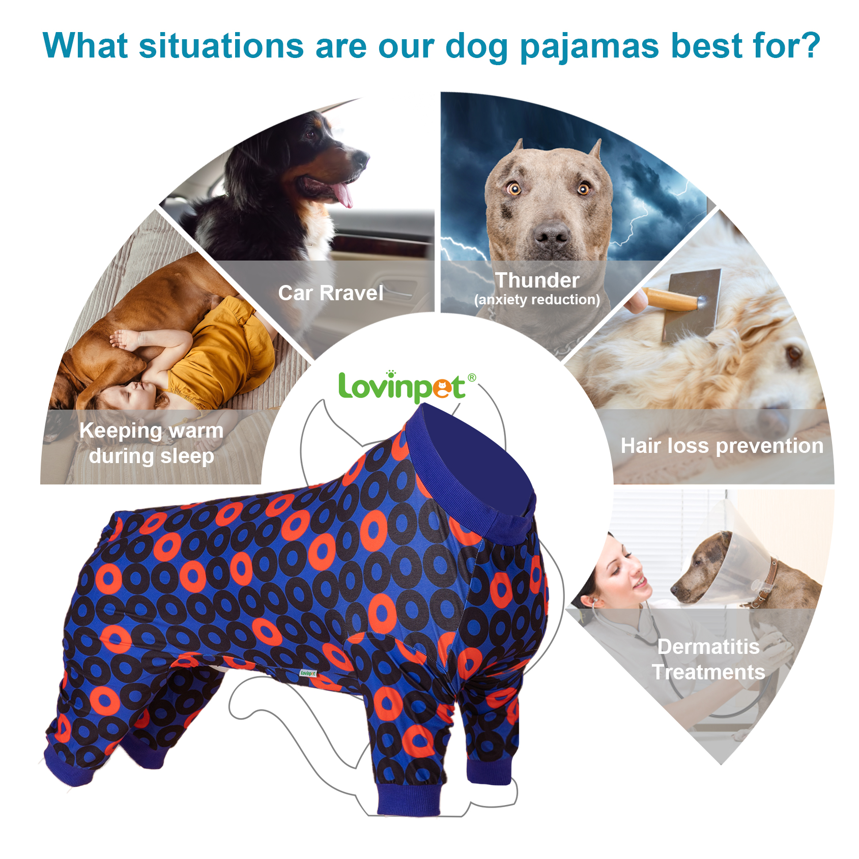 LovinPet Large Dog Jumpsuit Pajama - Bold Geometric Circle Pattern in Red and Blue