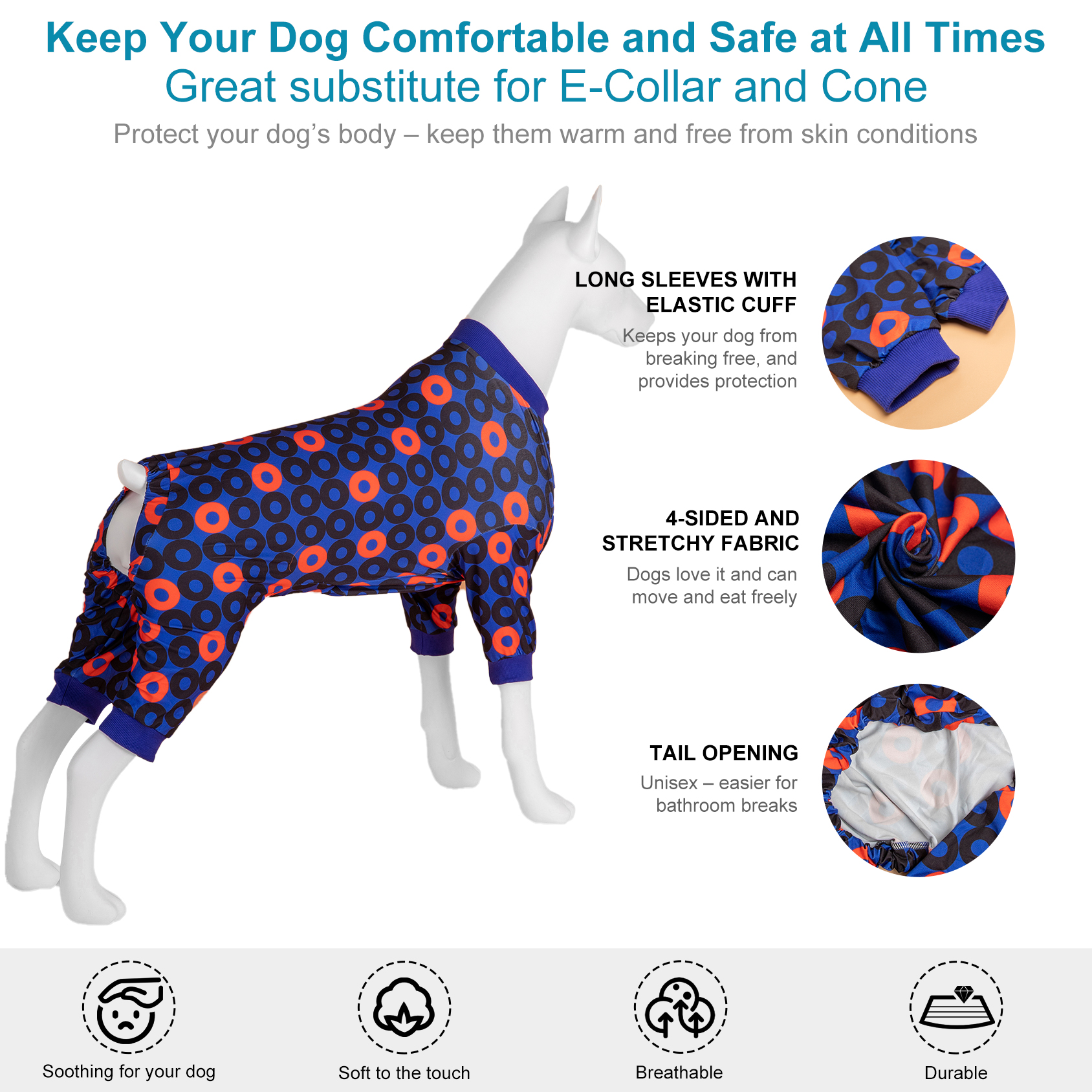 LovinPet Large Dog Jumpsuit Pajama - Bold Geometric Circle Pattern in Red and Blue