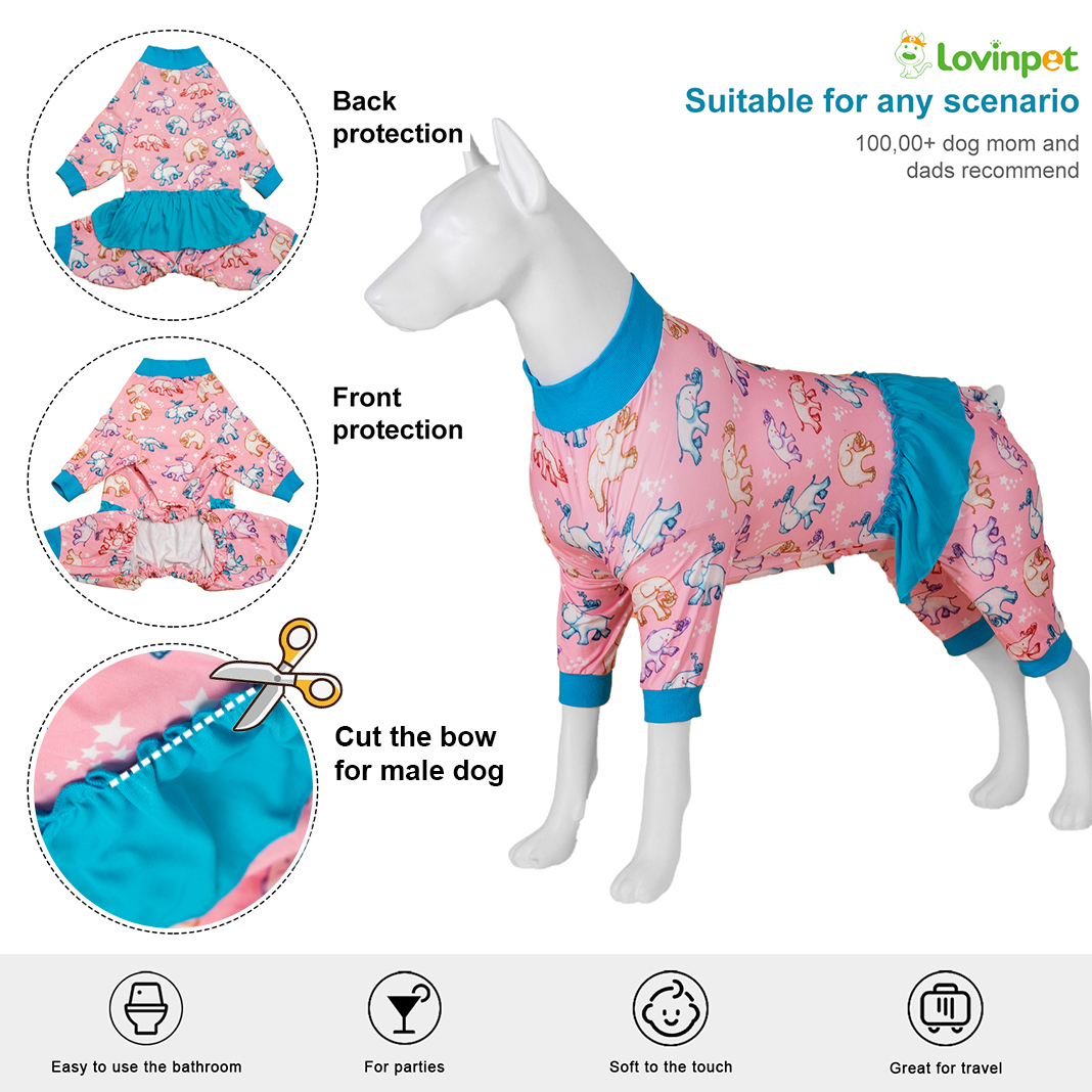 LovinPet Large Dog Flannel Pajama - Cute Pink Elephant Print Pajamas with Frilled Skirt
