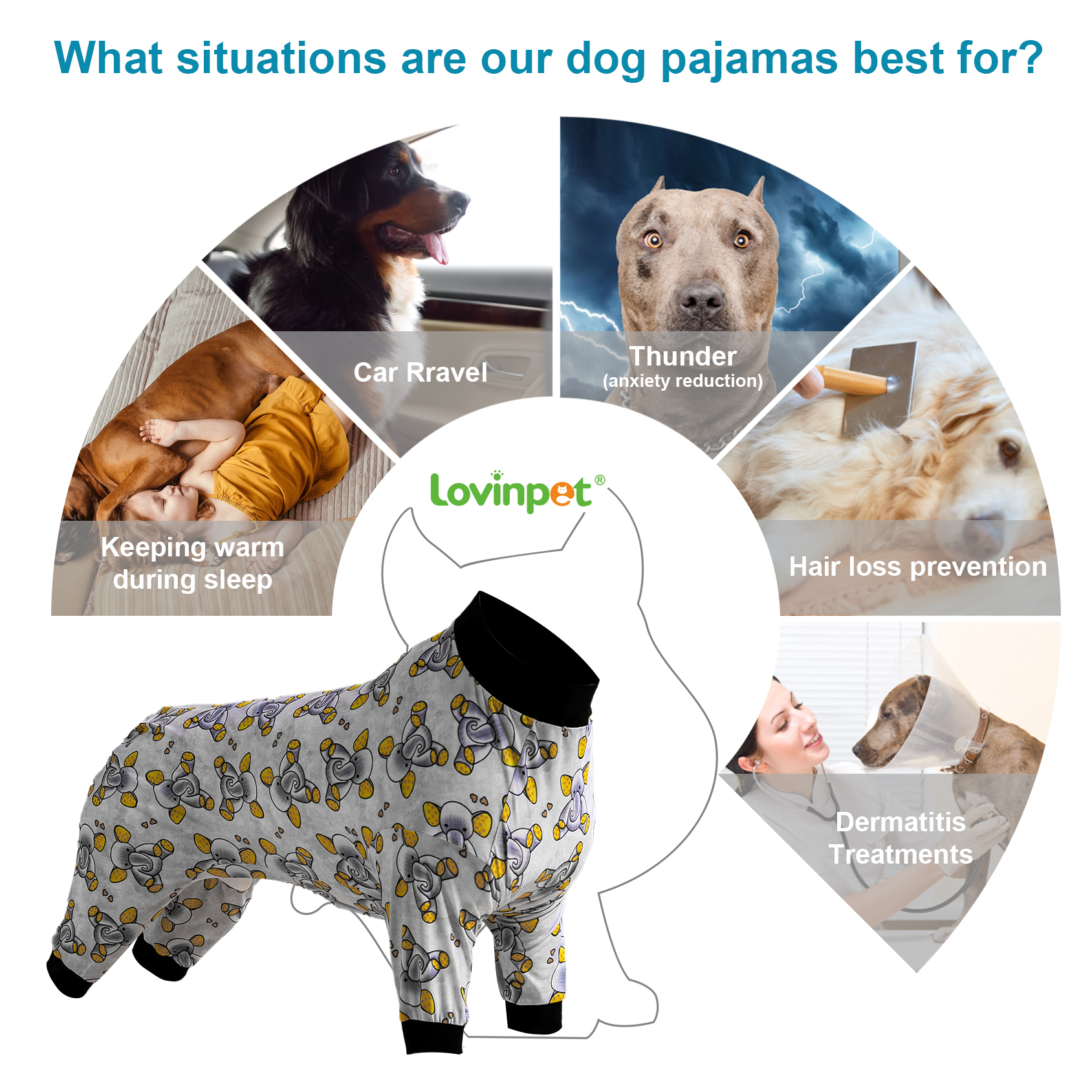 LovinPet Large  Large Dog Shirt, Sleepytime Elephants Print, Post Surgery Dog Shirt, Wound Care Large Dog Onesies, Lightweight Pullover, Full Coverage Large Breed Dog Pjs,Medium & Large & Giant