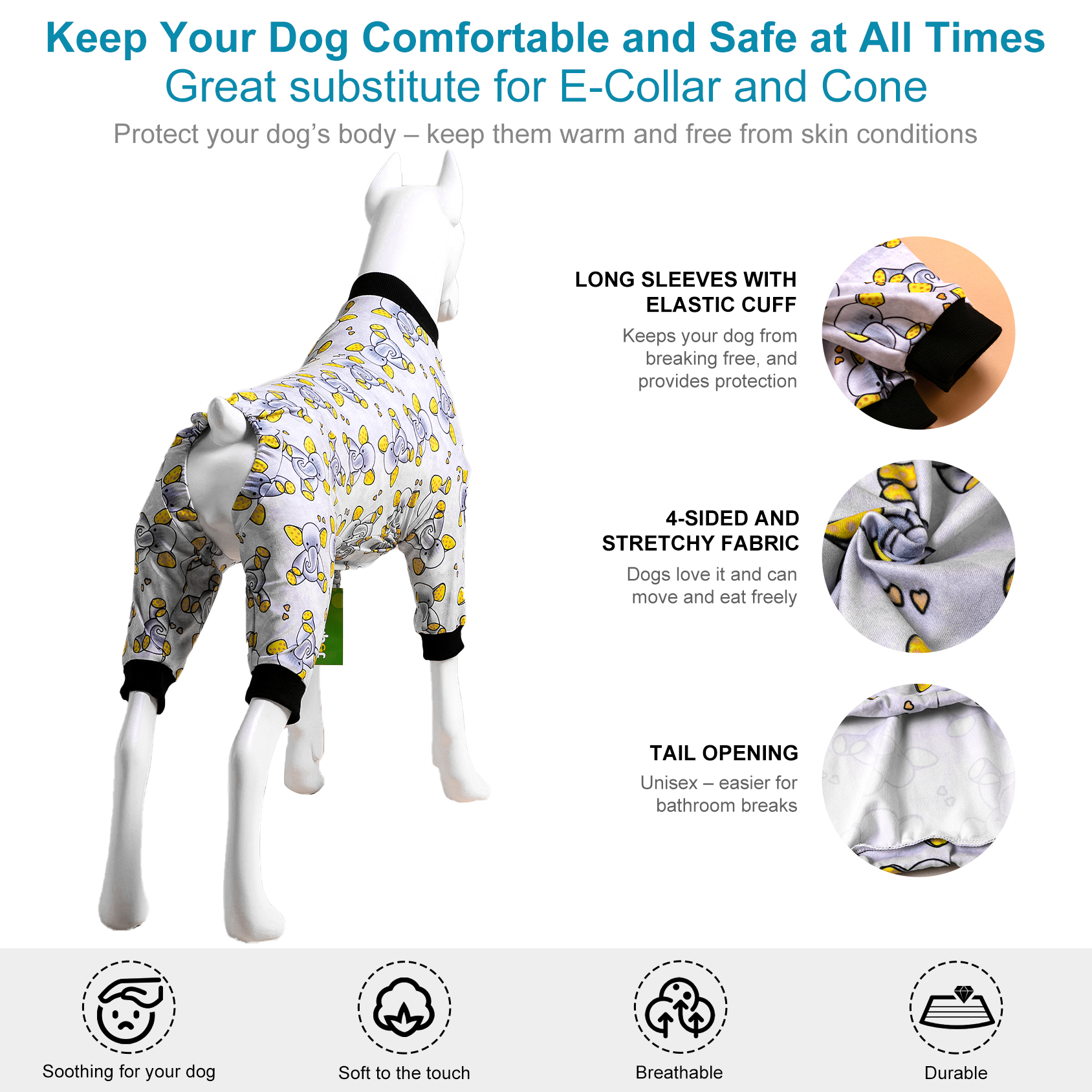 LovinPet Large  Large Dog Shirt, Sleepytime Elephants Print, Post Surgery Dog Shirt, Wound Care Large Dog Onesies, Lightweight Pullover, Full Coverage Large Breed Dog Pjs,Medium & Large & Giant