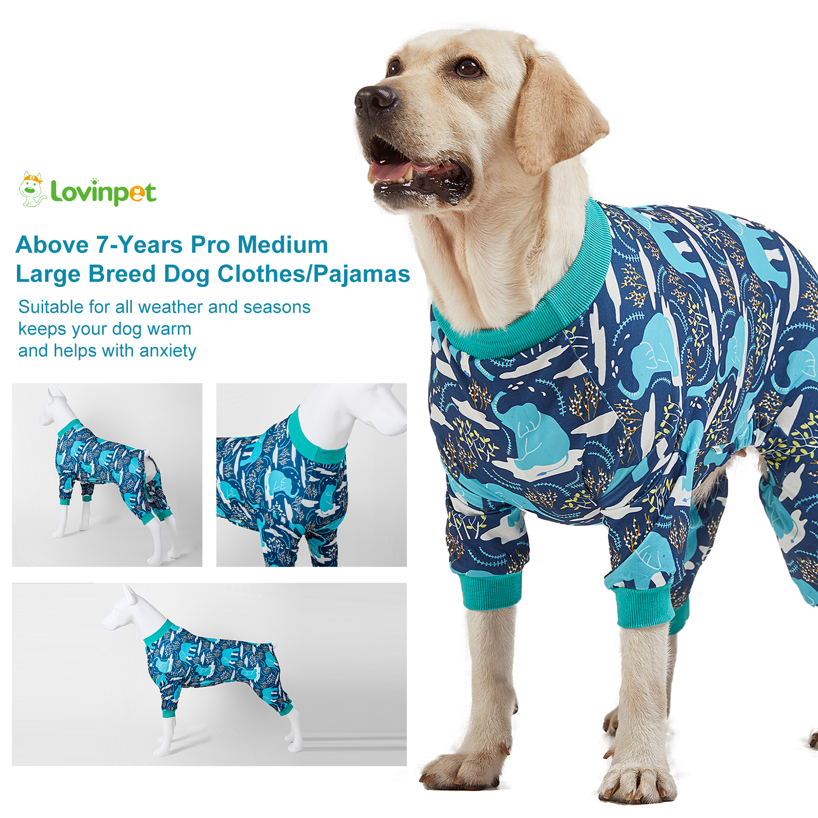 LovinPet Large Dog Post Recovery Suit - Blue Nature Animals Pattern