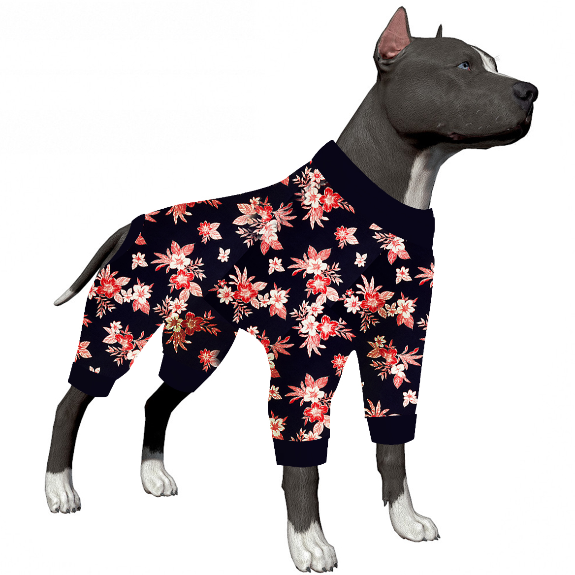 LovinPet Dog Recovery Bodysuit Pajama - Dark Teal with Red Wildflower Pattern