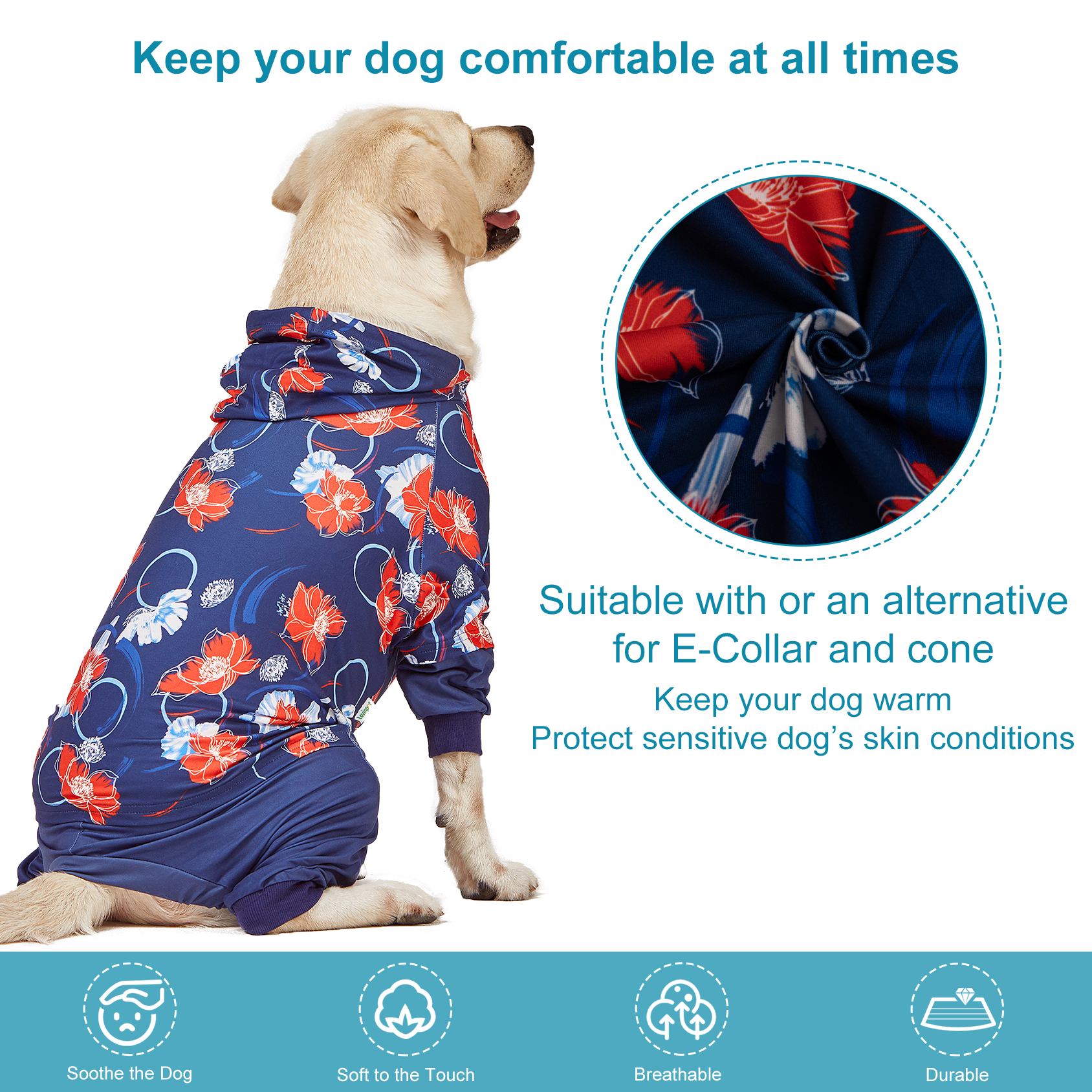 LovinPet Large Dog Post Recovery Suit - Bold Peony Floral Hoodie Design