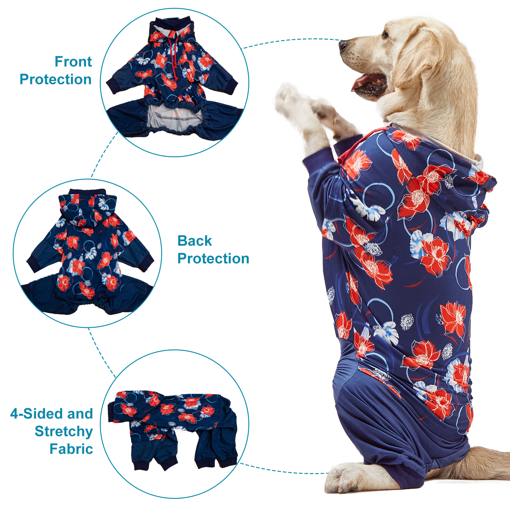 LovinPet Large Dog Post Recovery Suit - Bold Peony Floral Hoodie Design
