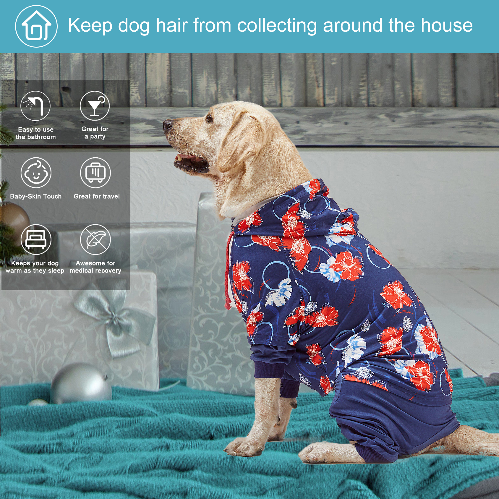 LovinPet Large Dog Post Recovery Suit - Bold Peony Floral Hoodie Design