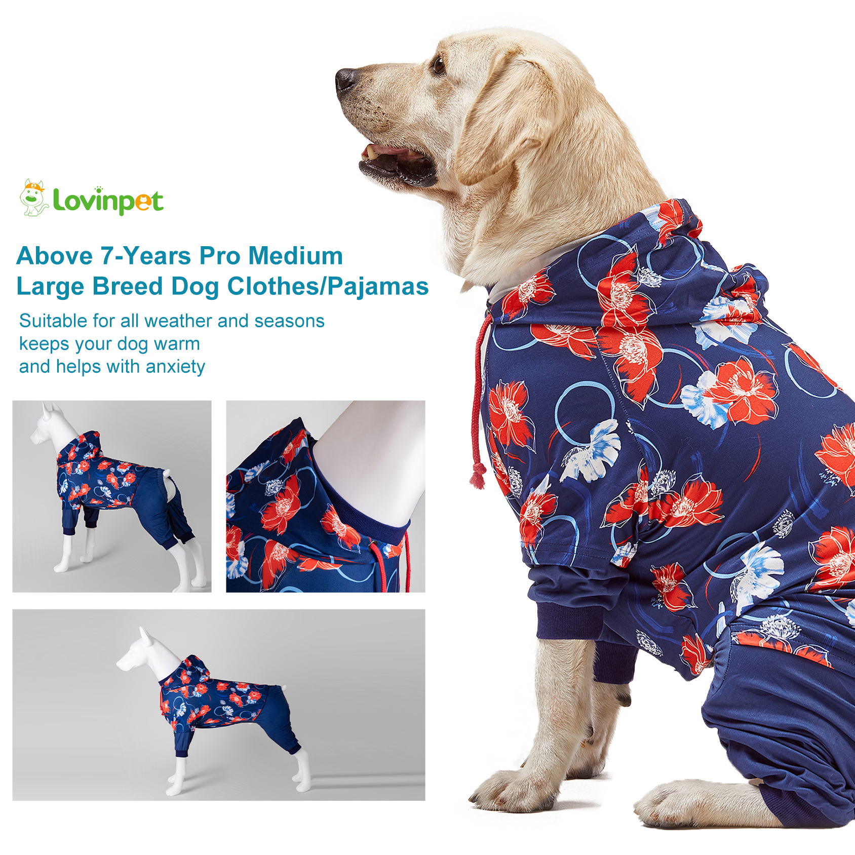 LovinPet Large Dog Post Recovery Suit - Bold Peony Floral Hoodie Design